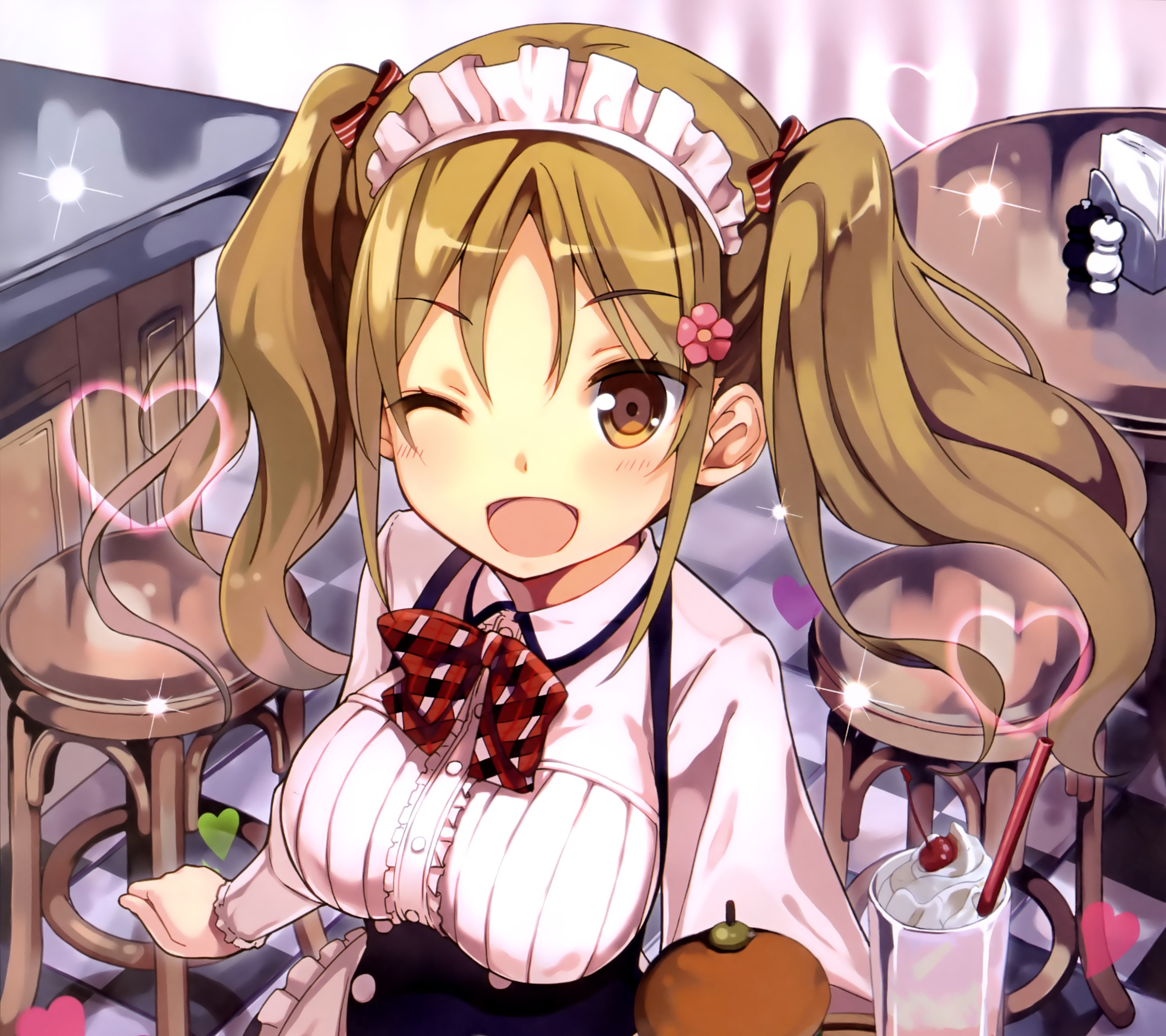 Free download wallpaper Anime, Ribbon, Wink, Original, Maid, Brown Eyes, Brown Hair, Twintails, Apron on your PC desktop