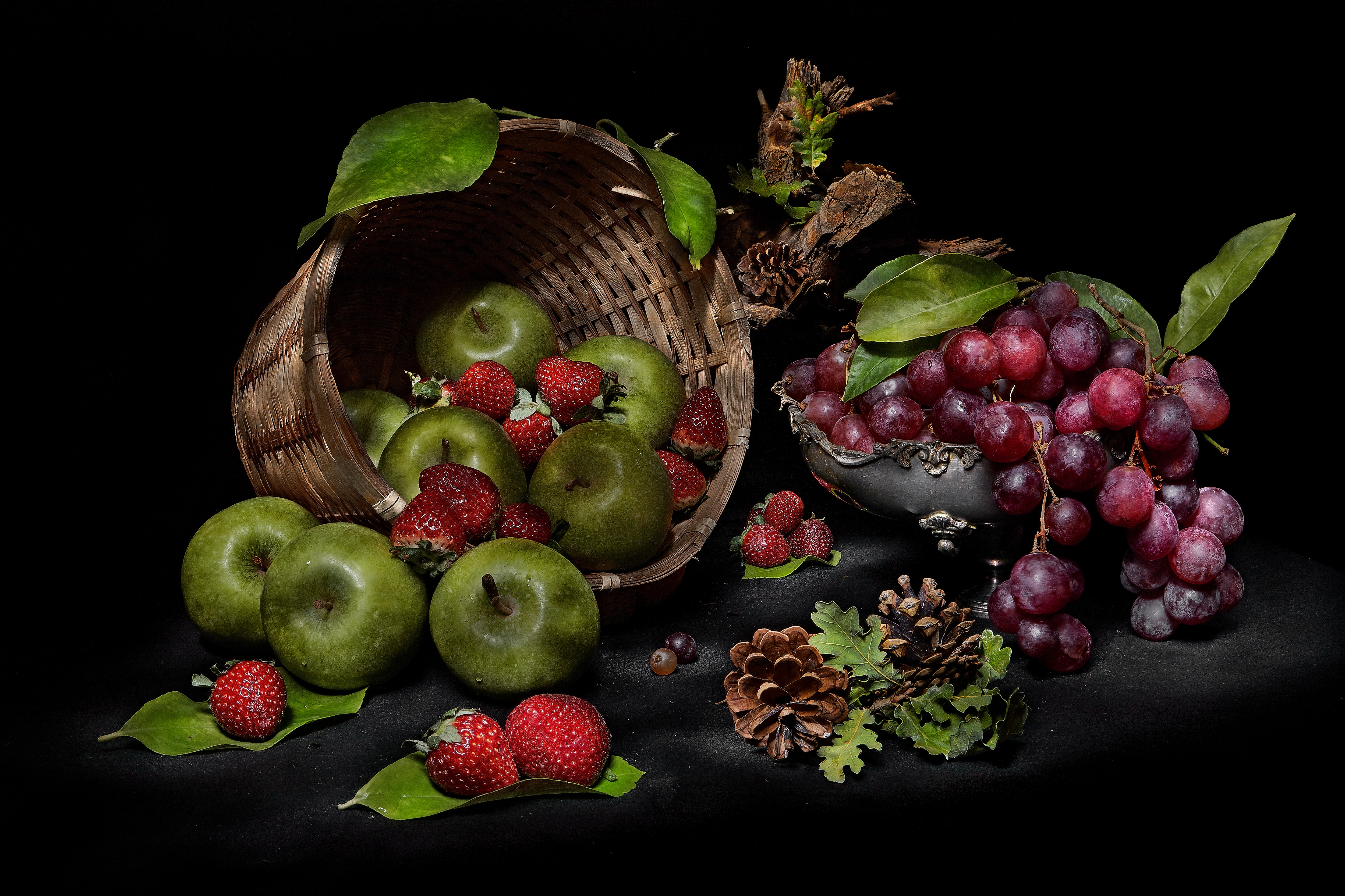 Download mobile wallpaper Fruits, Food, Strawberry, Apple, Grapes, Still Life, Berry, Fruit, Basket for free.