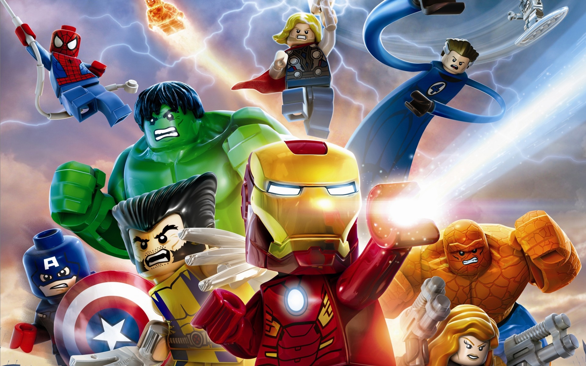 lego, lego marvel super heroes, video game, black widow, captain america, hulk, human torch (marvel comics), iron man, peter parker, reed richards, silver surfer, spider man, thing (marvel comics), thor, wolverine