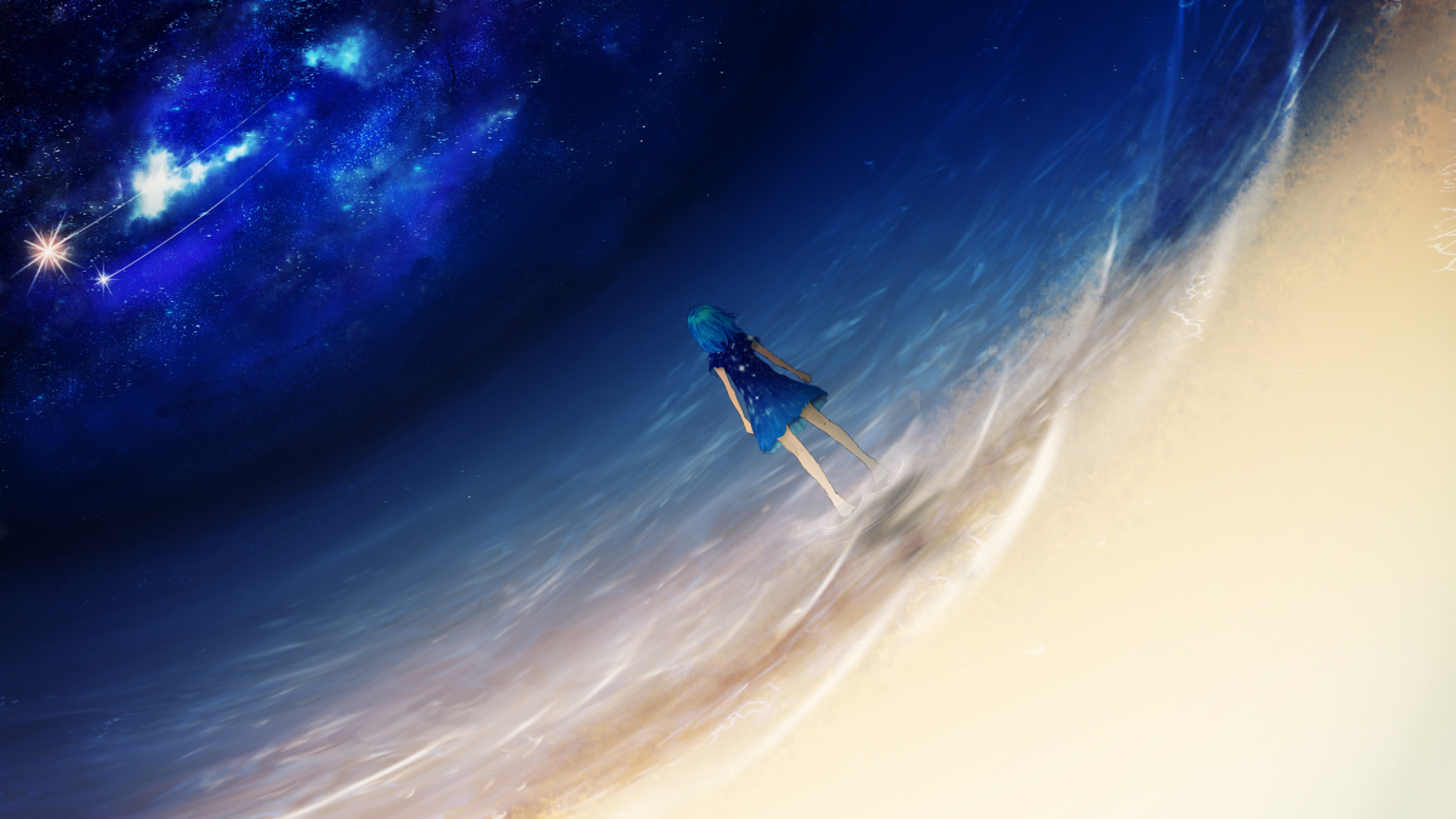 Free download wallpaper Anime, Sea, Beach, Galaxy, Original, Blue Hair on your PC desktop