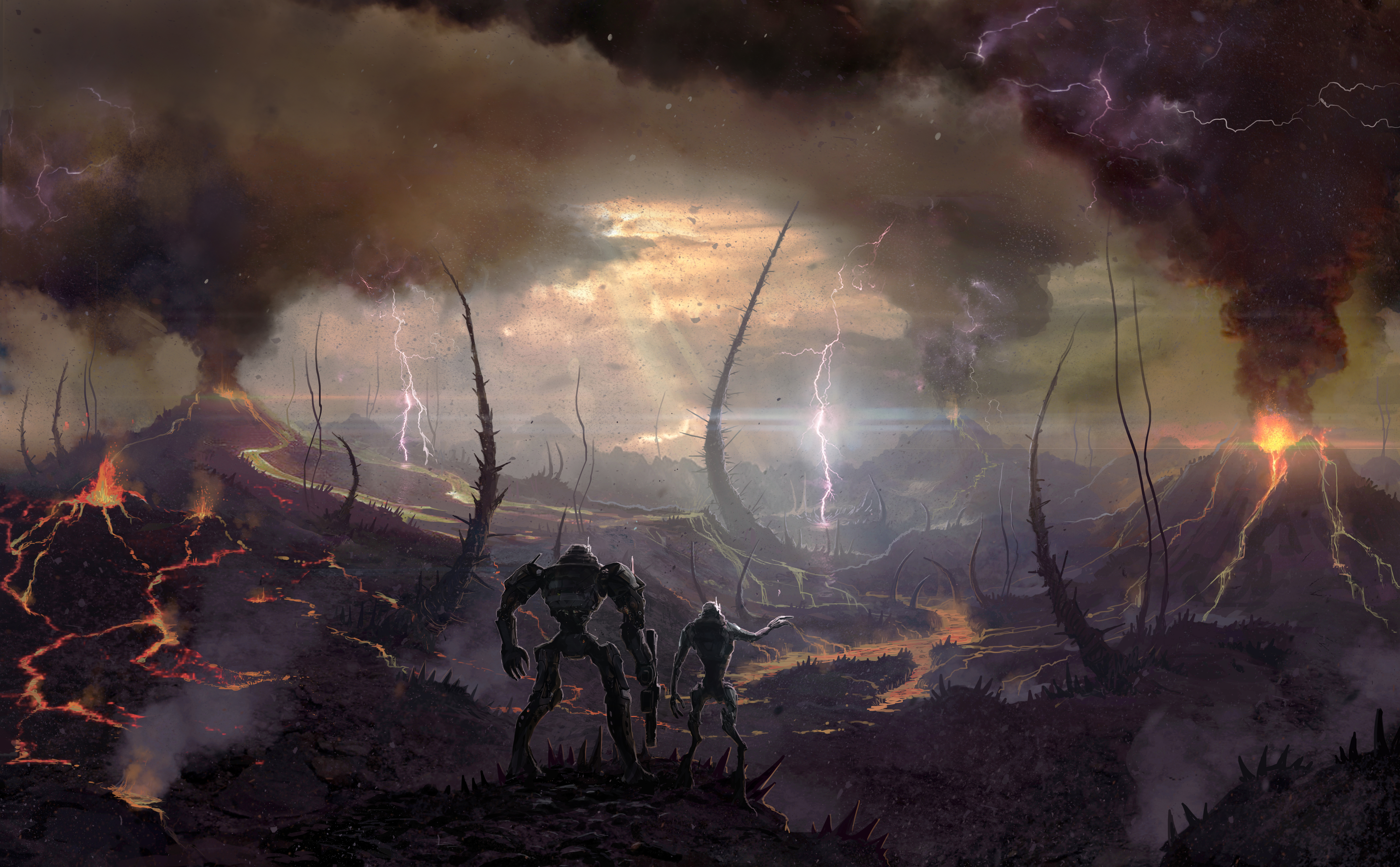 Free download wallpaper Landscape, Smoke, Lightning, Warrior, Sci Fi, Volcano, Lava on your PC desktop