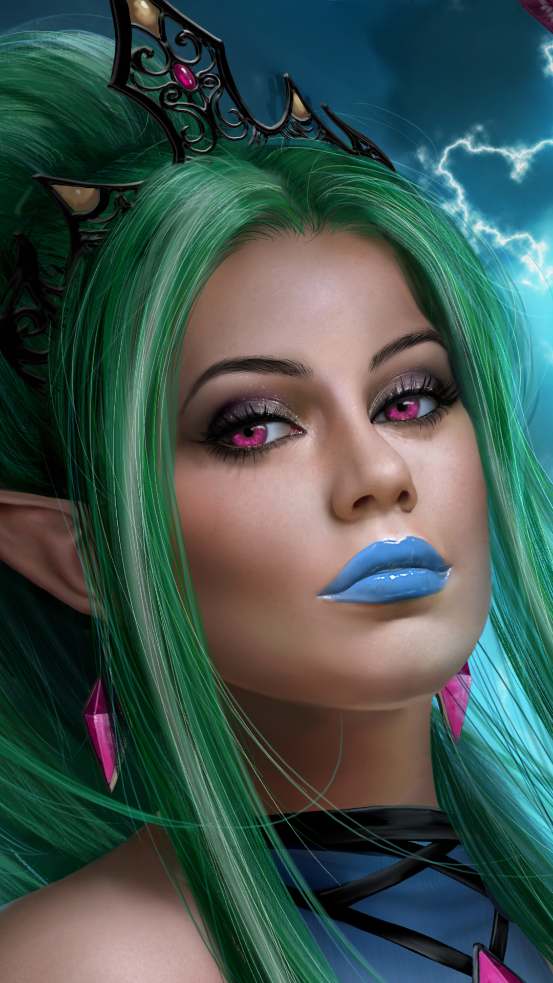 Download mobile wallpaper Fantasy, Wings, Angel, Green Hair, Purple Eyes, Lipstick for free.