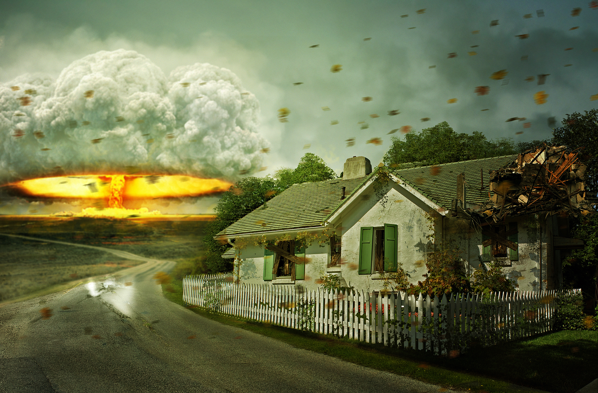 sci fi, apocalyptic, bomb, explosion, house, mushroom cloud, nuclear