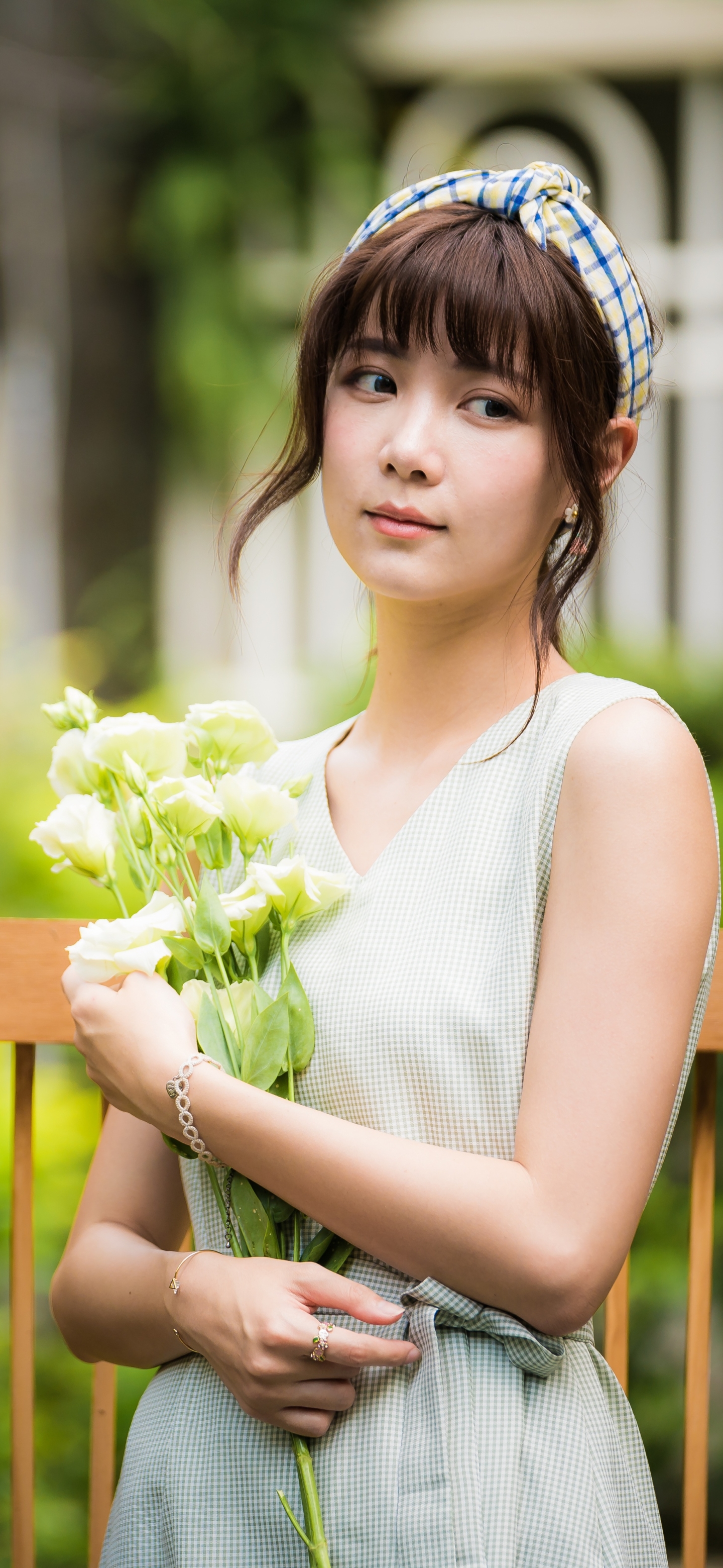 Download mobile wallpaper Flower, Dress, Brunette, Model, Women, Asian for free.