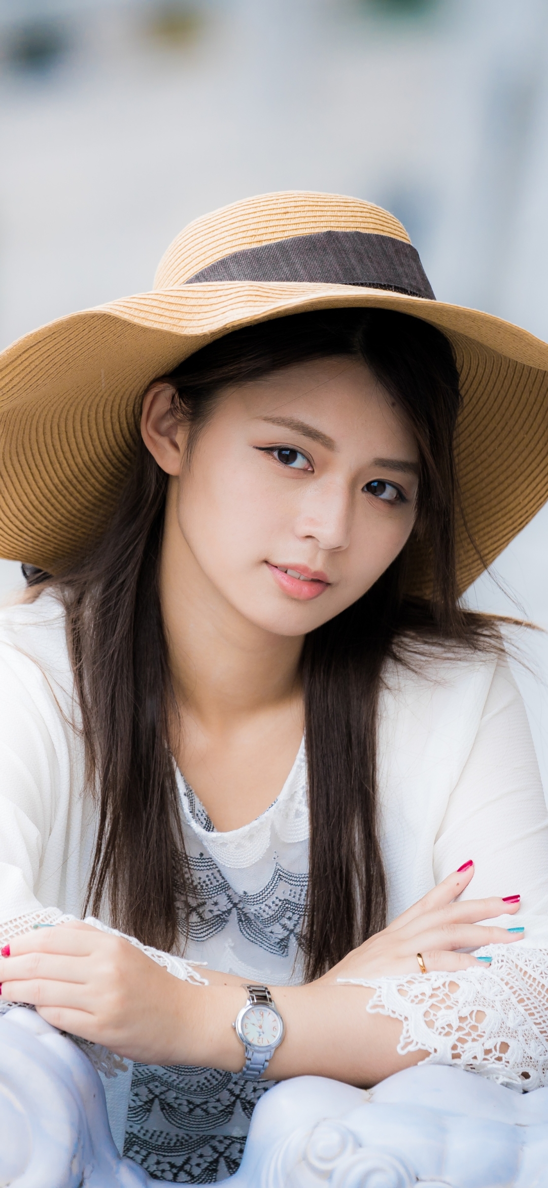 Download mobile wallpaper Hat, Brunette, Model, Women, Asian, Brown Eyes, Long Hair for free.