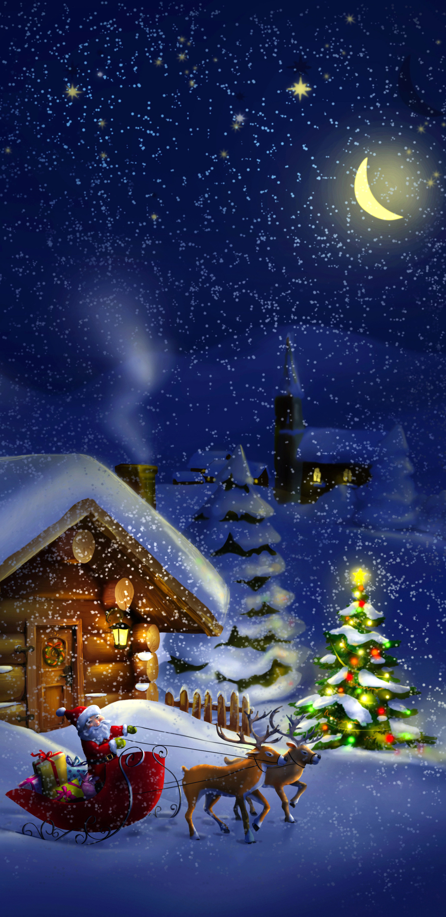 1321897 Hintergrundbild herunterladen feiertage, weihnachten, hütte, kabine, weihnachtsbaum, rentier, schnee, schneefall, schlitten, weihnachtsmann, nacht - Bildschirmschoner und Bilder kostenlos