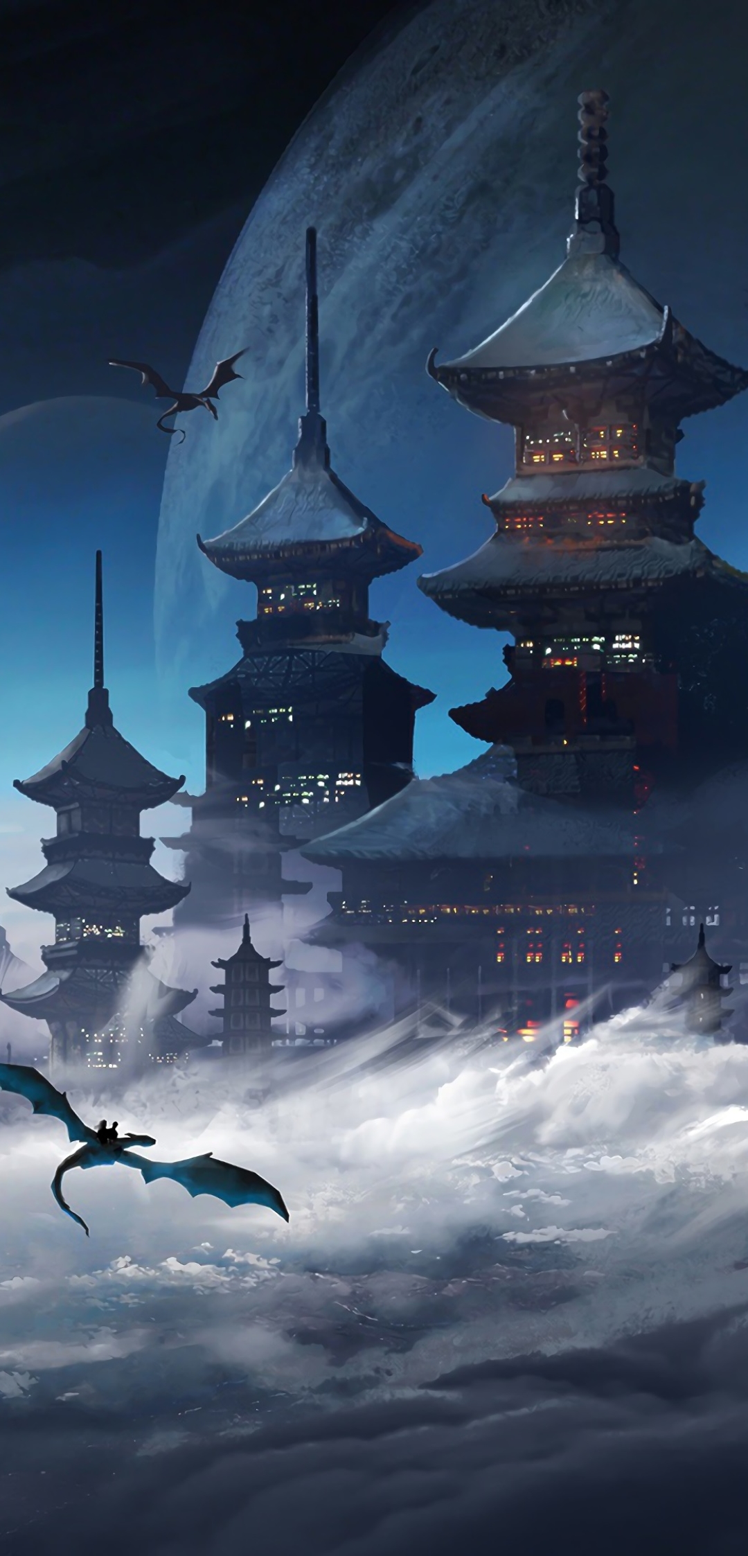 Download mobile wallpaper Fantasy, Building, Dragon, Sci Fi, Spaceship, Cloud, Japanese, Castle for free.