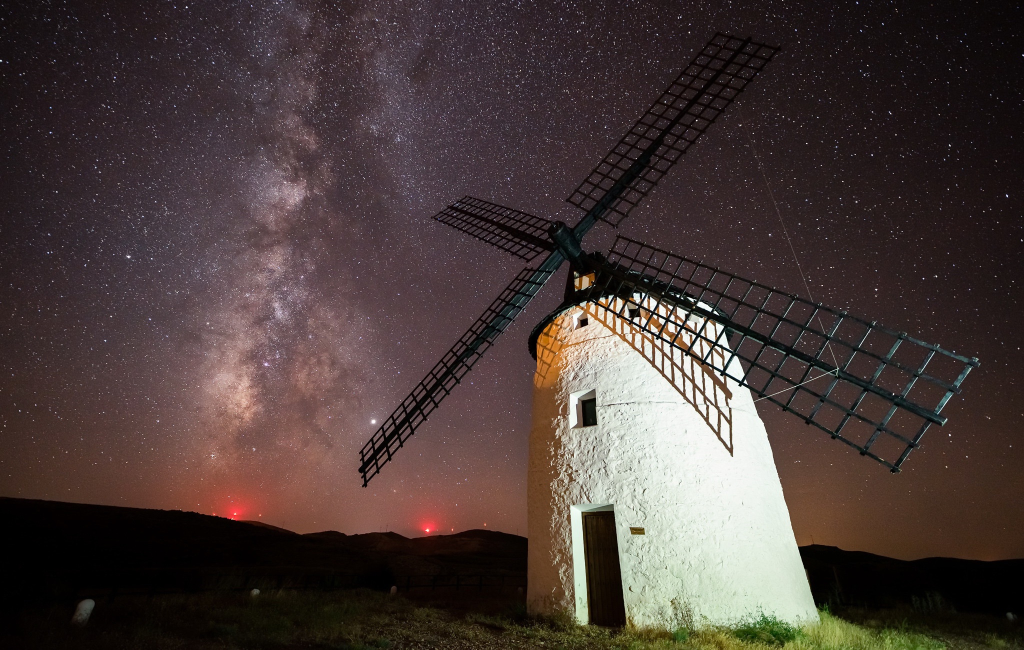 Download mobile wallpaper Night, Starry Sky, Windmill, Man Made for free.