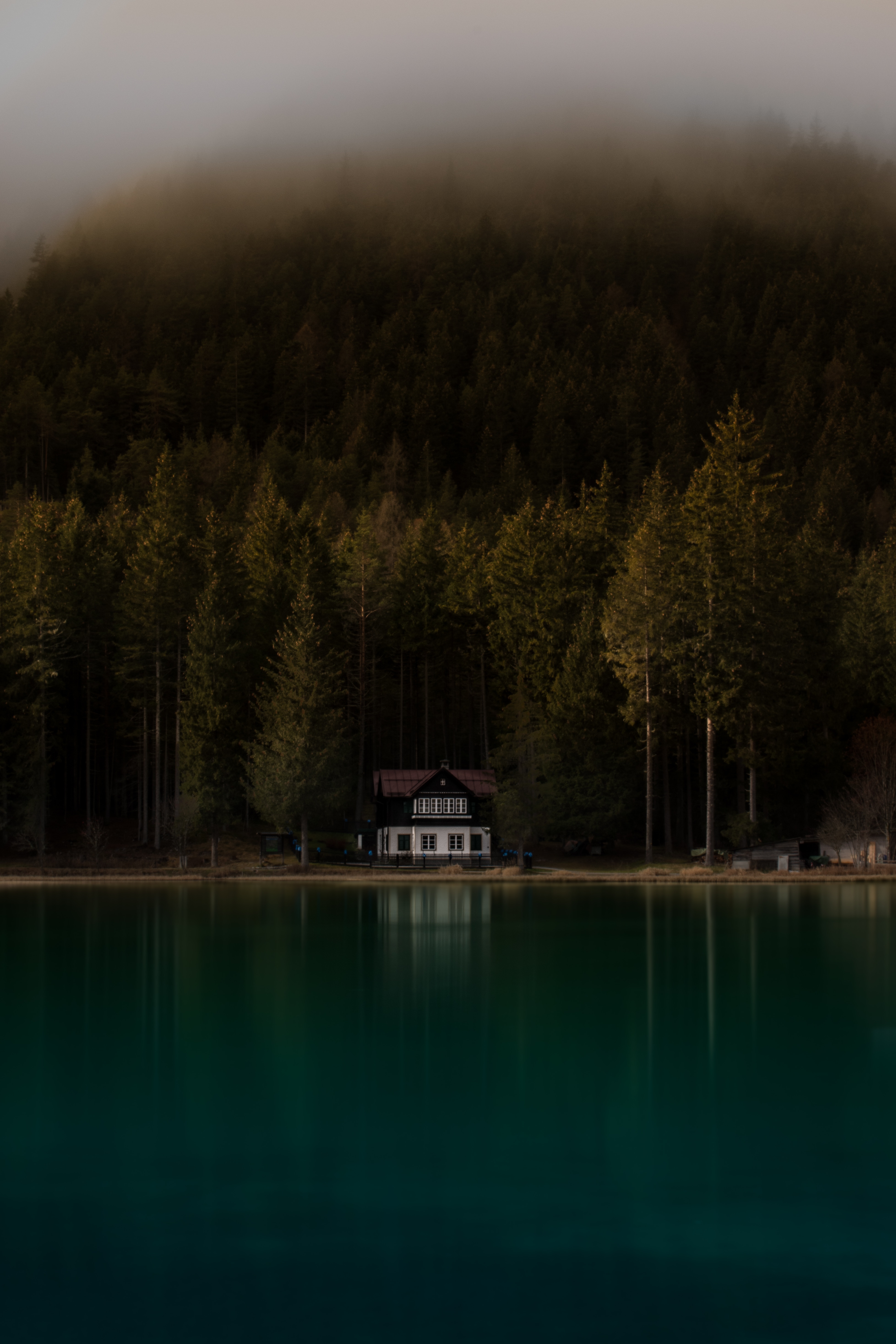 Скачать картинку Дом, Мрачный, Туман, Природа, Озеро, Берег в телефон бесплатно.