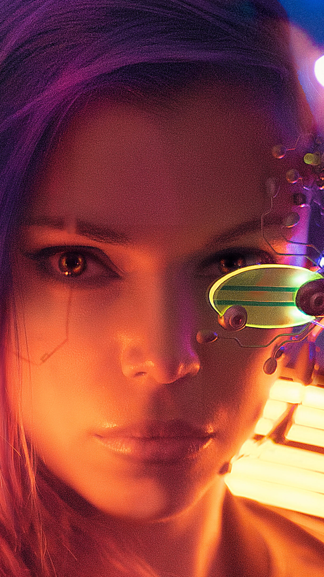 Download mobile wallpaper Cyberpunk, Sci Fi, Face, Purple Hair for free.