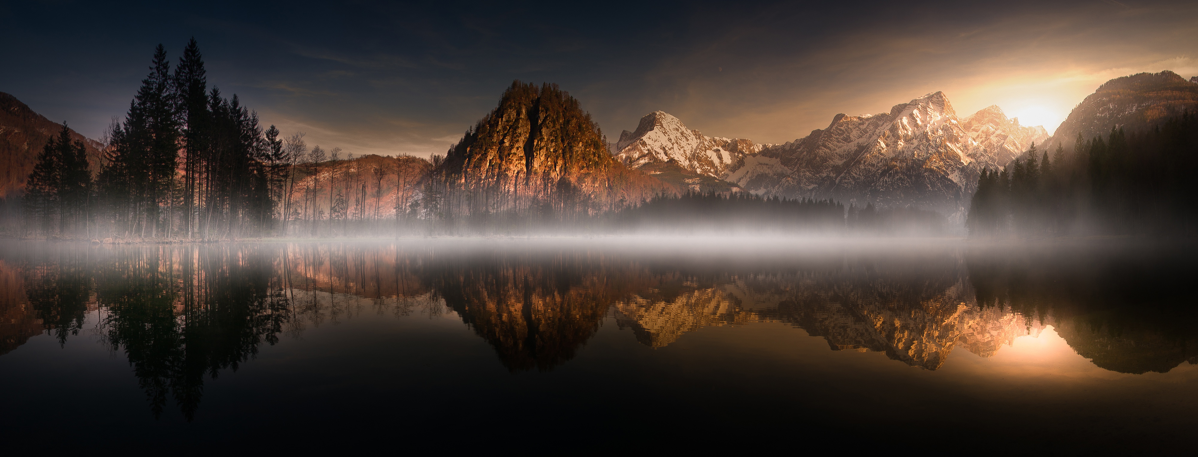 Free download wallpaper Nature, Mountain, Lake, Reflection, Fog, Sunrise, Earth on your PC desktop