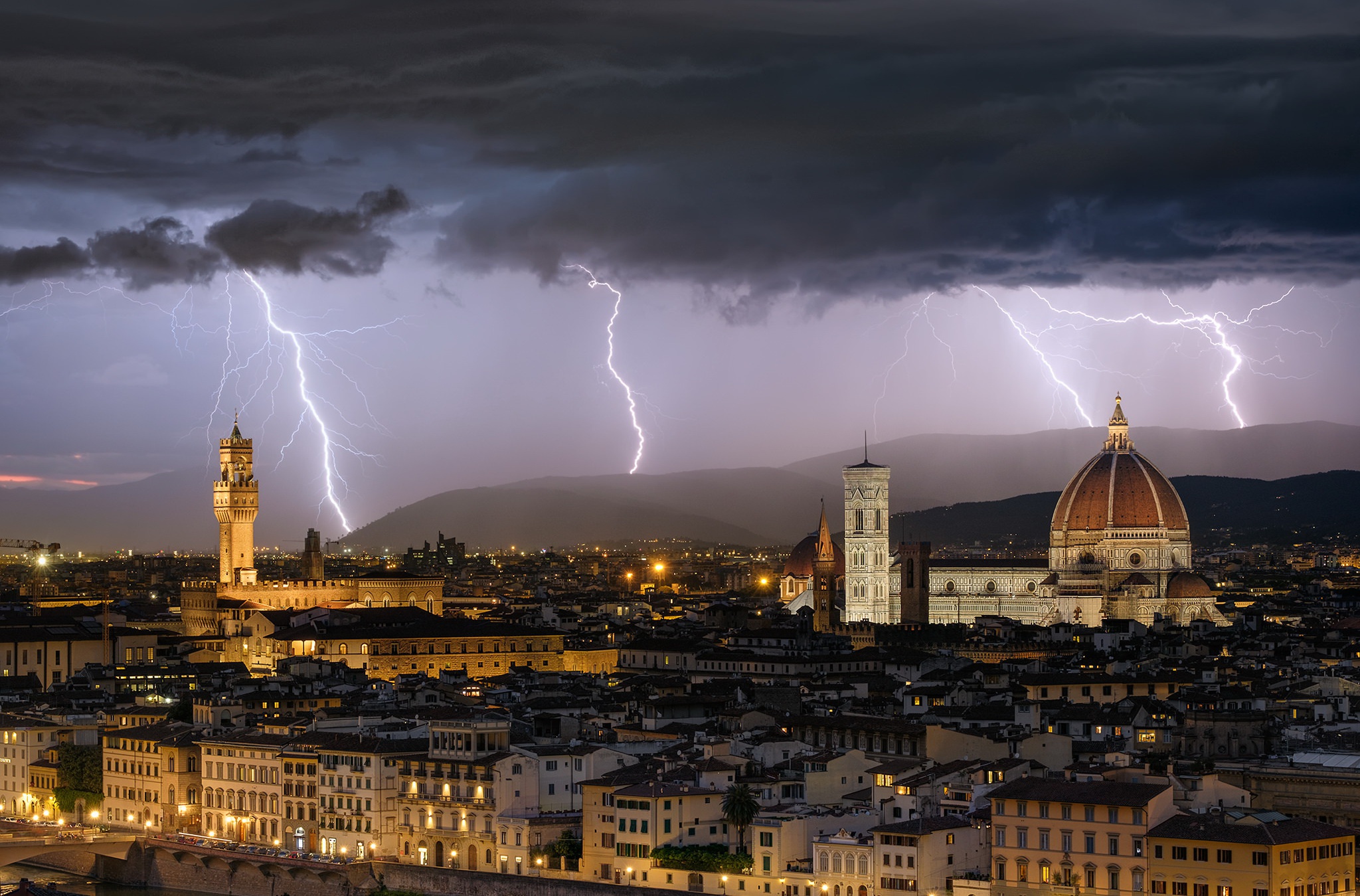 florence, man made, building, city, cityscape, cloud, dome, italy, lightning, night, cities