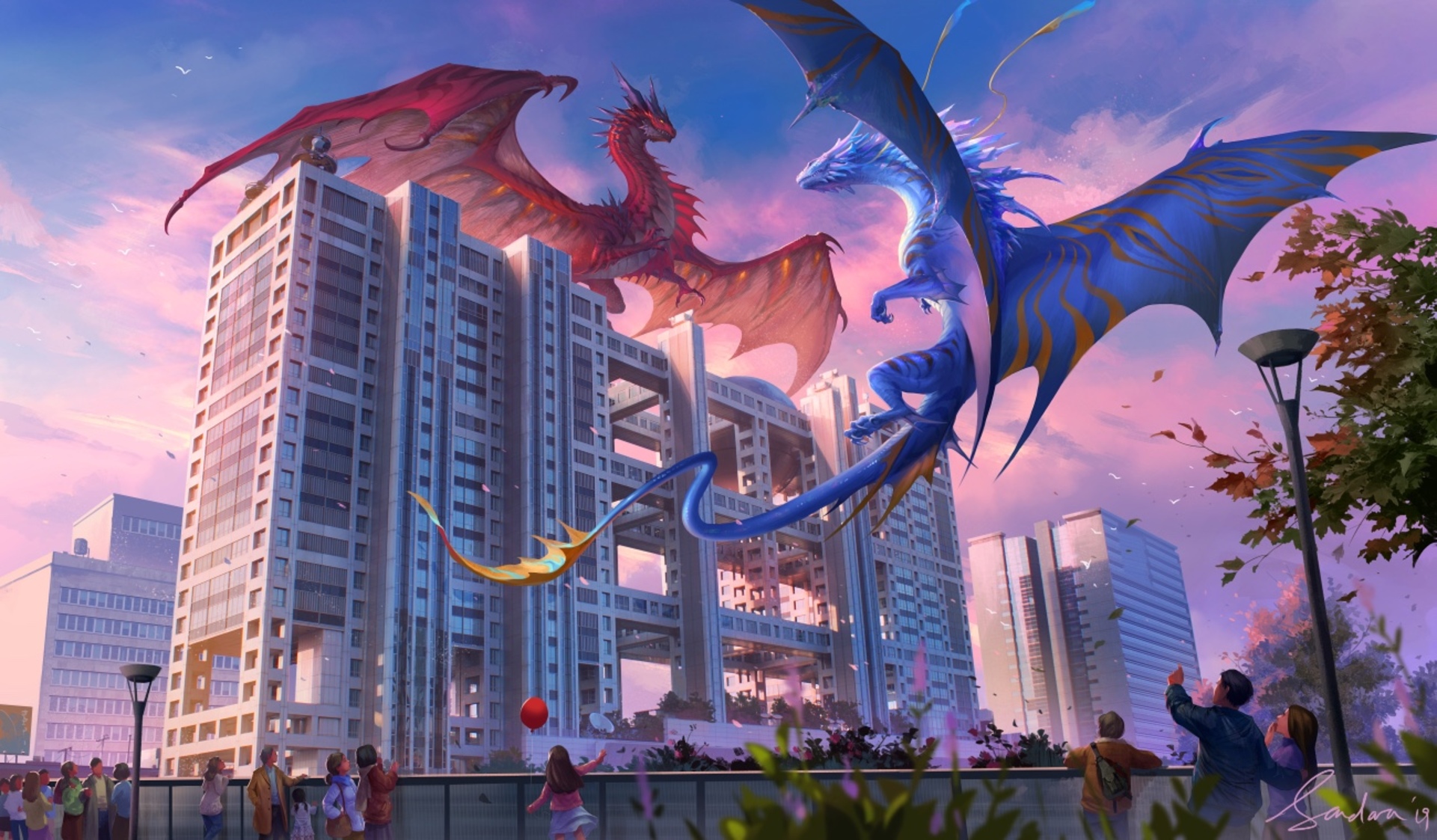 Free download wallpaper Anime, People, City, Dragon, Original on your PC desktop