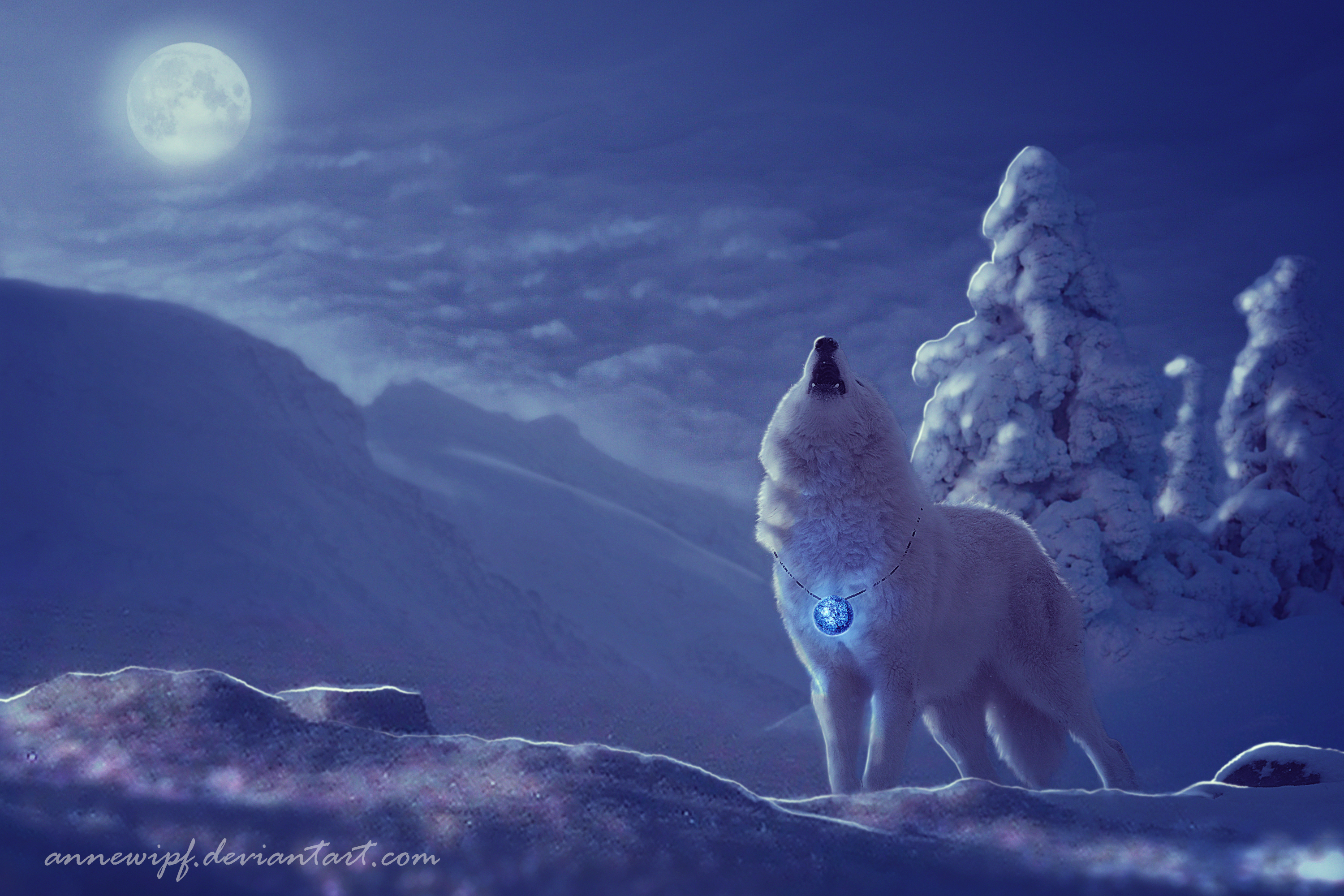 wolf, moon, animal, night, snow, tree, white wolf, winter, wolves