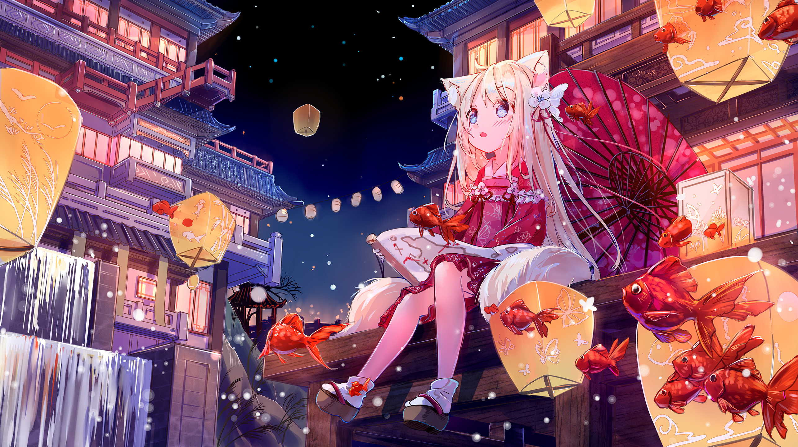 Free download wallpaper Anime, Night, Lantern, Girl, Festival, Animal Ears on your PC desktop