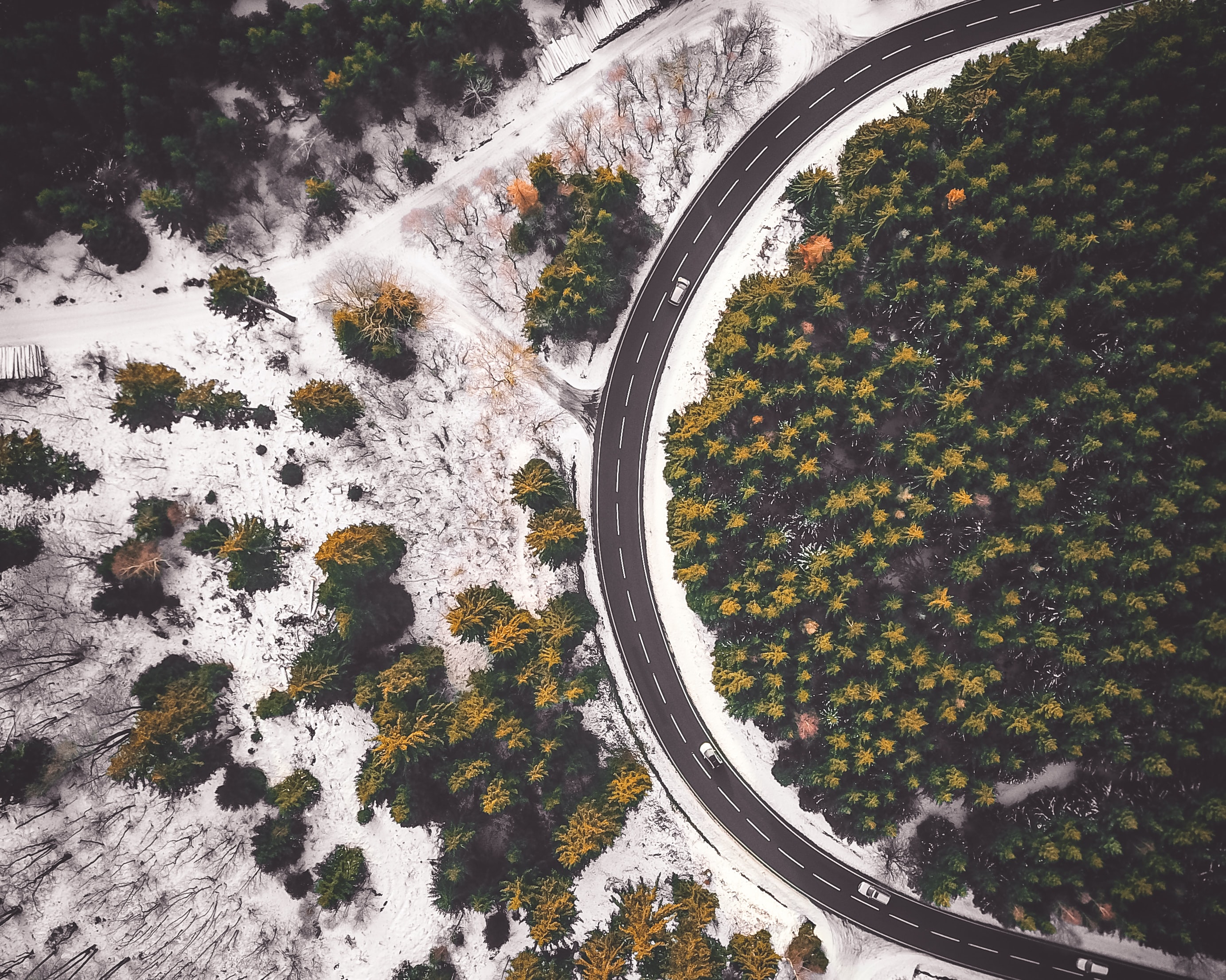 Download mobile wallpaper Snow, Nature, Road, View From Above, Forest for free.