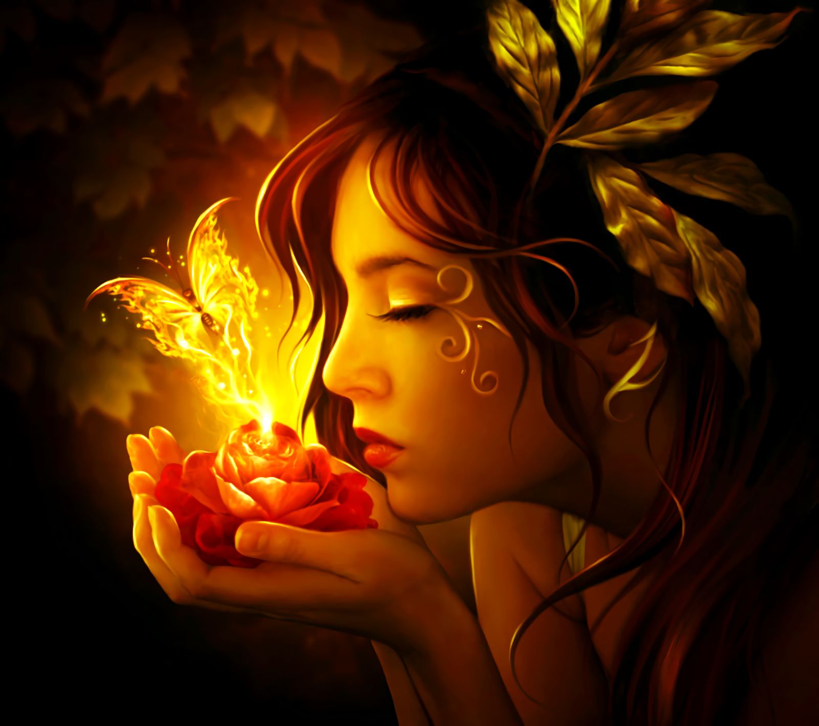 Free download wallpaper Fantasy, Fire, Gold, Butterfly, Fairy on your PC desktop