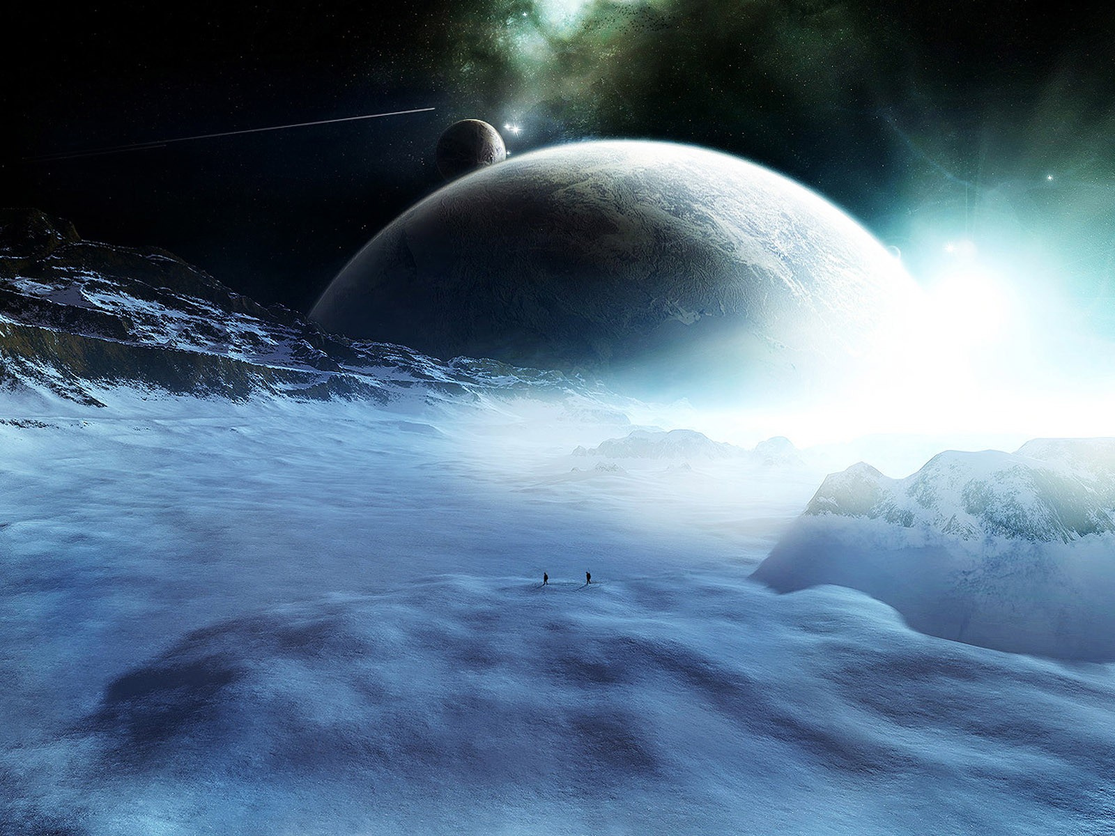 Free download wallpaper Landscape, Snow, Mountain, Space, Planet, Sci Fi on your PC desktop