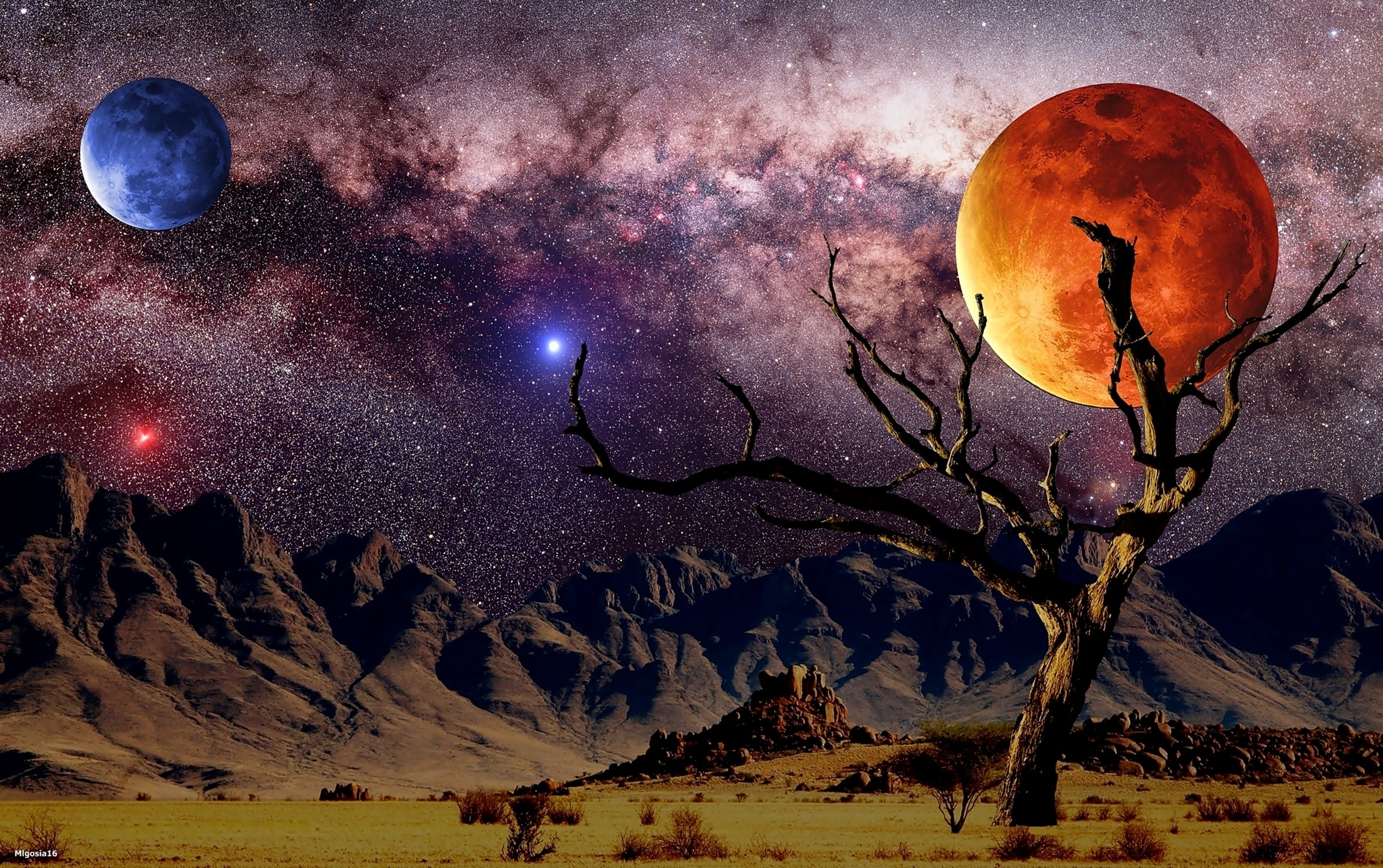 Handy-Wallpaper Landschaft, Fantasie, Sterne, Baum, Planet, Gebirge kostenlos herunterladen.