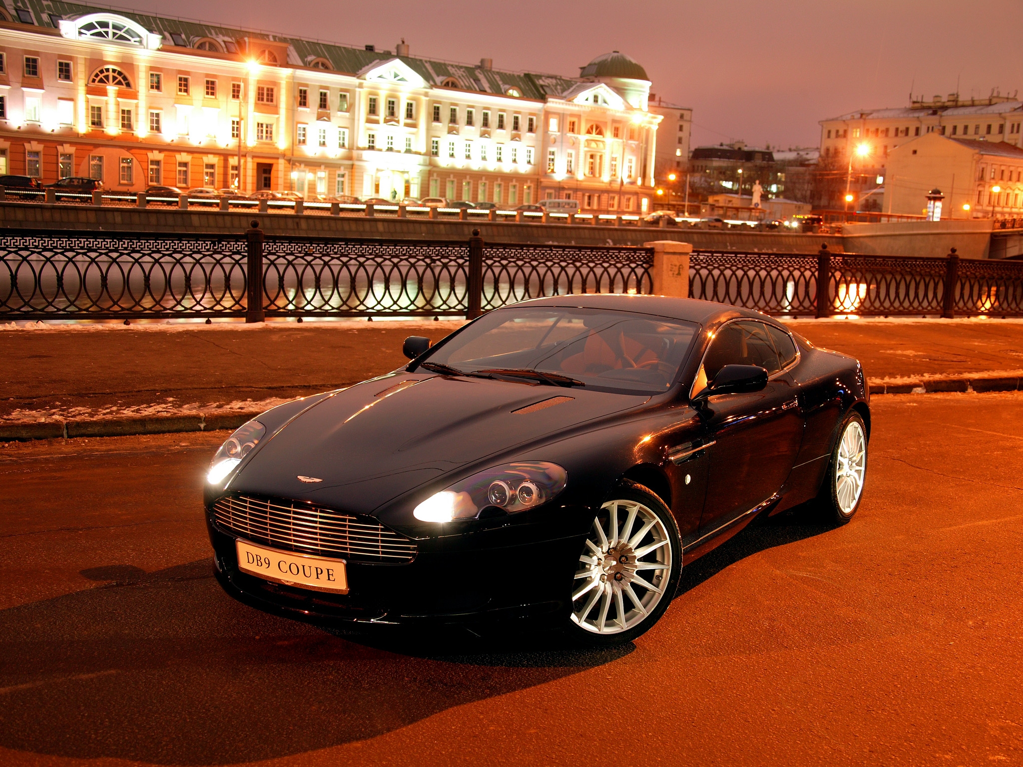 aston martin, houses, black, auto, cars, city, lights, asphalt, front view, style, 2004, db9 Smartphone Background