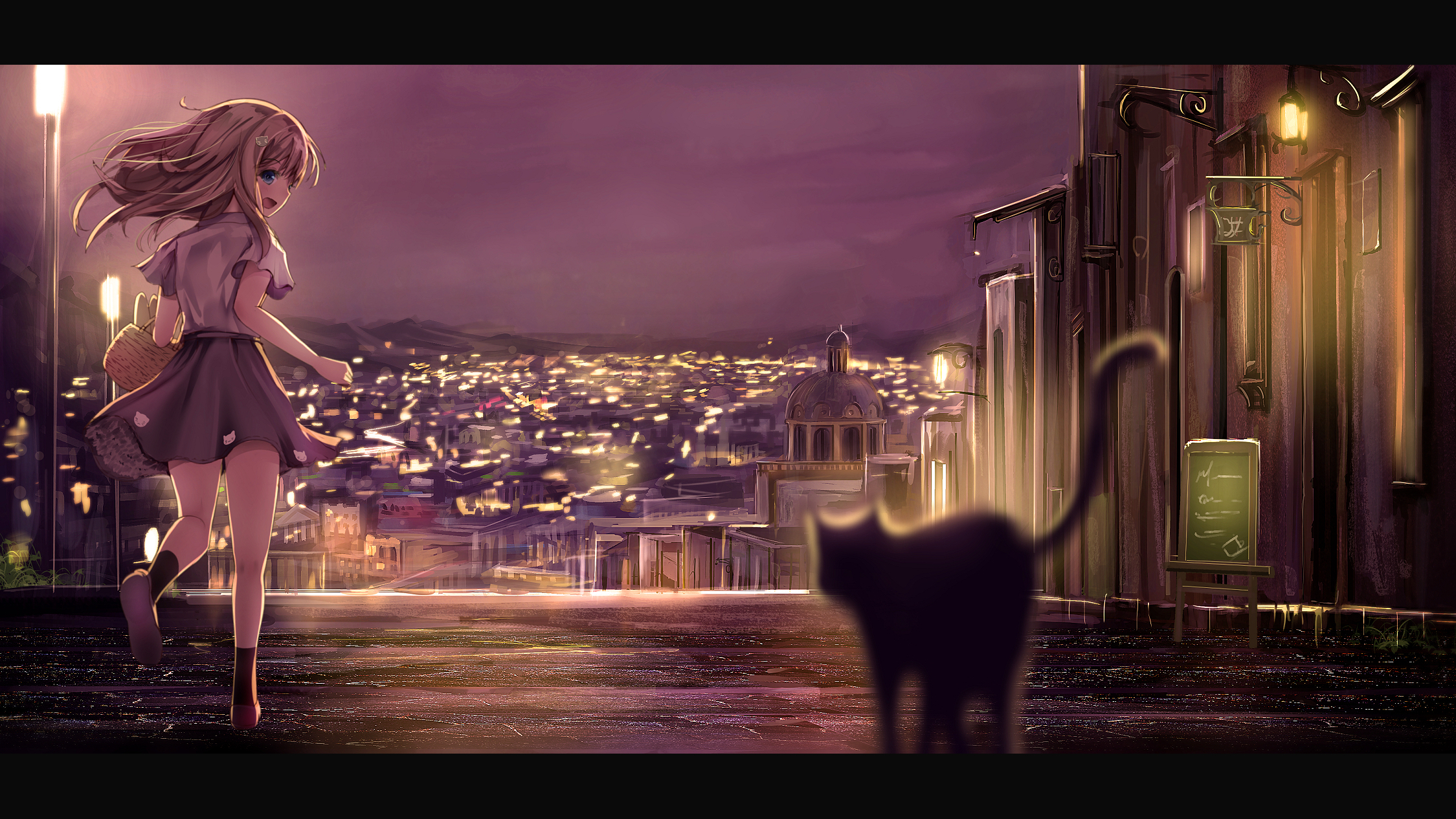 Free download wallpaper Anime, Night, Cat, Cityscape, Street, Original on your PC desktop
