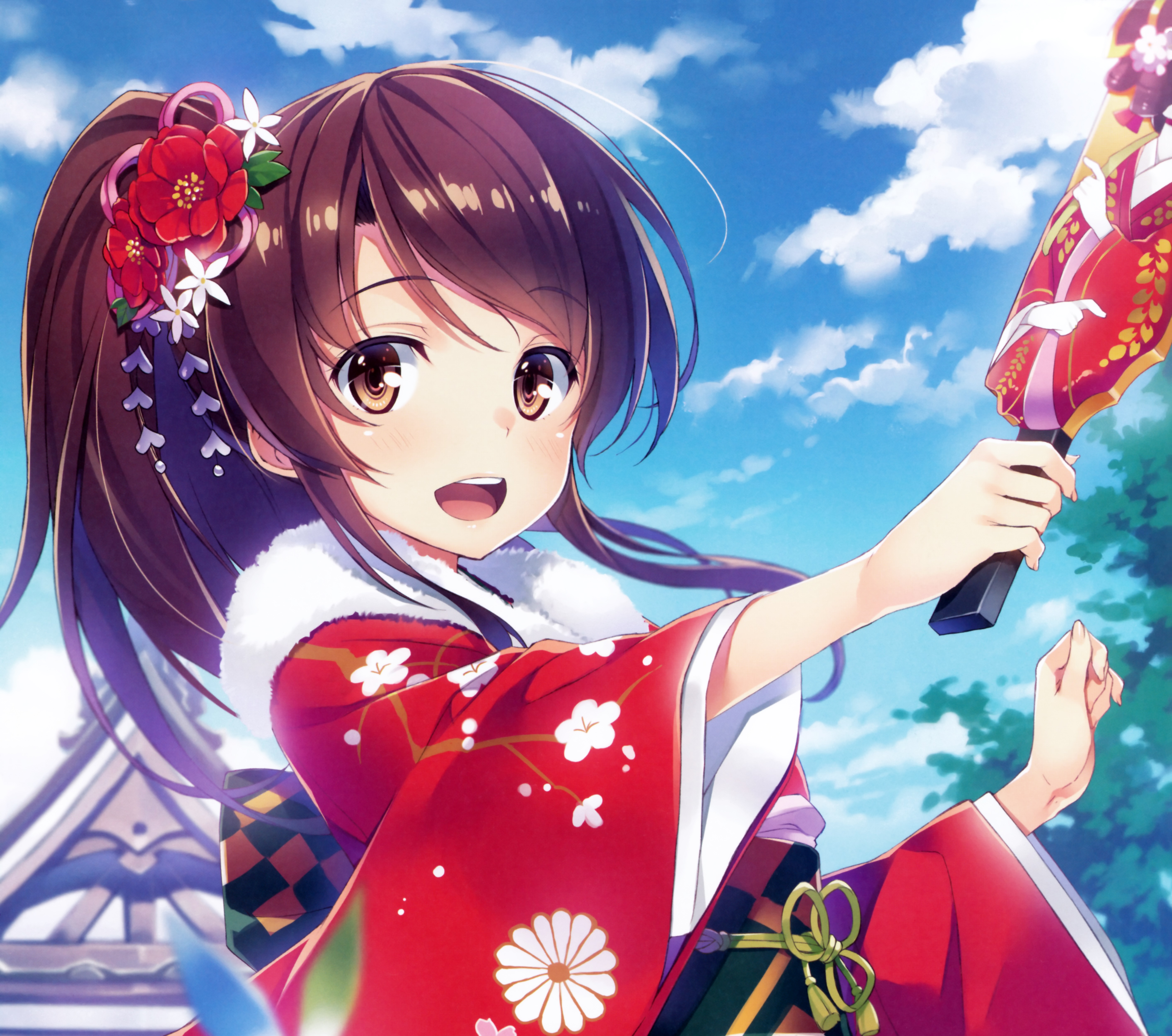 Free download wallpaper Anime, Flower, Smile, Kimono, Original, Blush, Brown Eyes, Long Hair, Brown Hair, Ponytail on your PC desktop