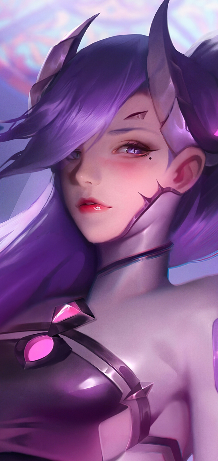 Download mobile wallpaper Horns, Overwatch, Video Game, Purple Hair, Mercy (Overwatch) for free.