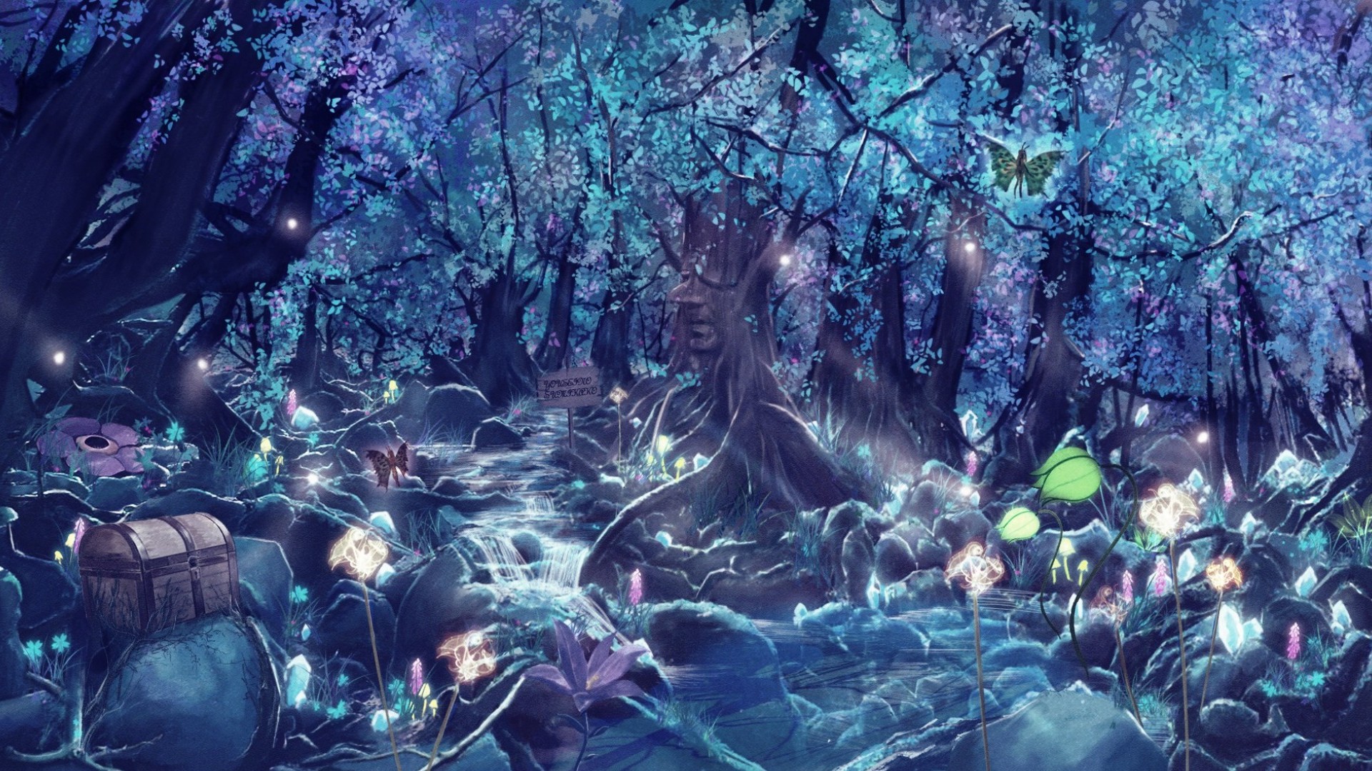 Free download wallpaper Fantasy, Flower, Forest, Butterfly on your PC desktop