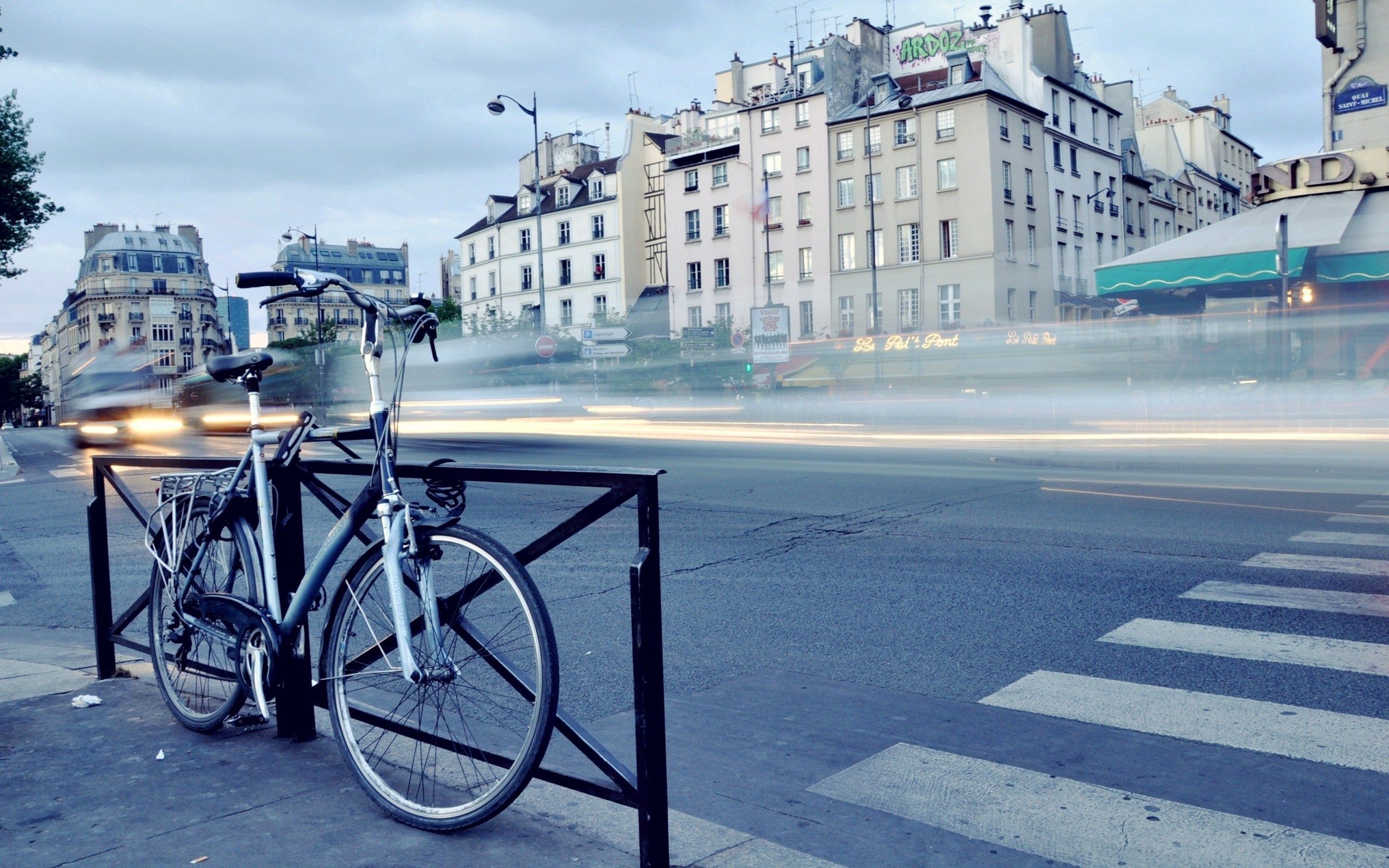 Download mobile wallpaper City, Fog, Cities, Building, Road, Street, Dawn, Bicycle for free.