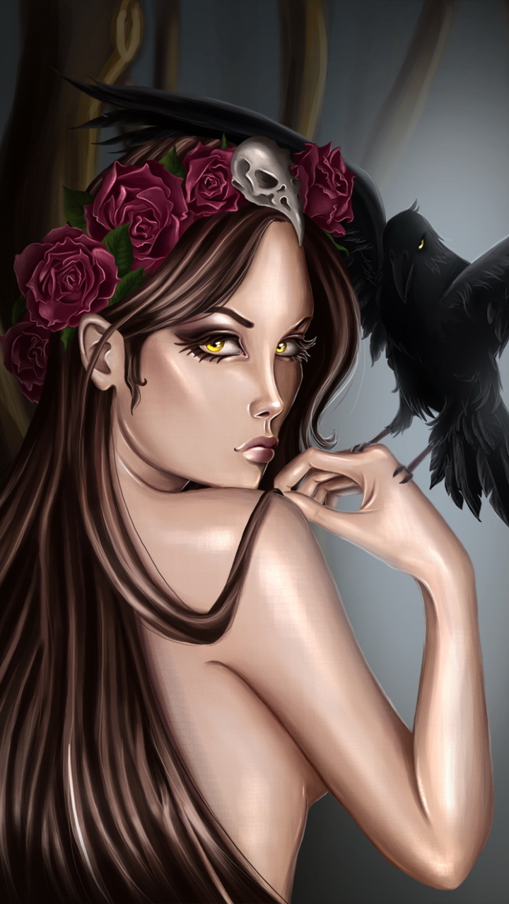 Download mobile wallpaper Fantasy, Gothic, Wreath, Raven, Women for free.