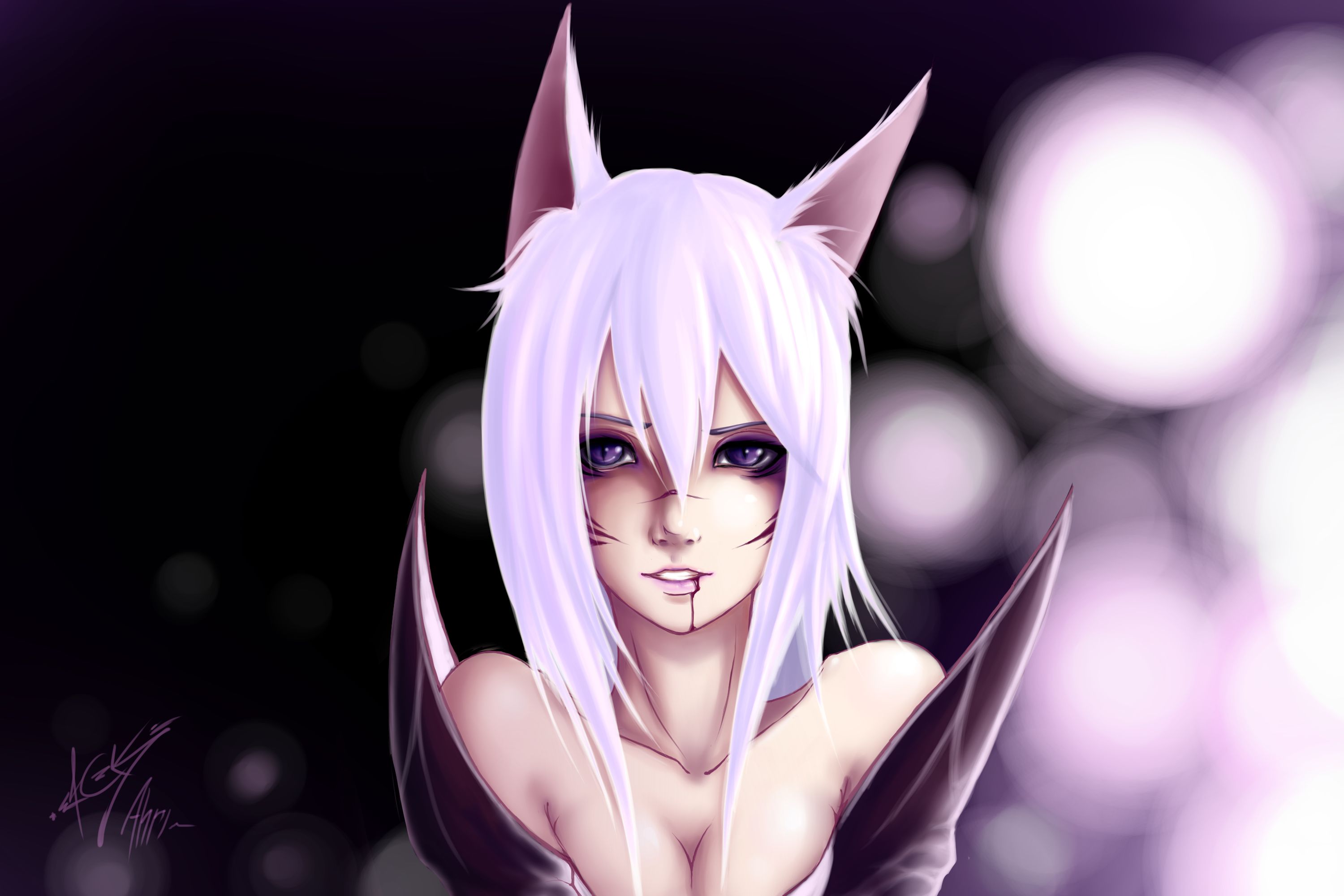 purple eyes, animal ears, video game, league of legends, ahri (league of legends), face, white hair