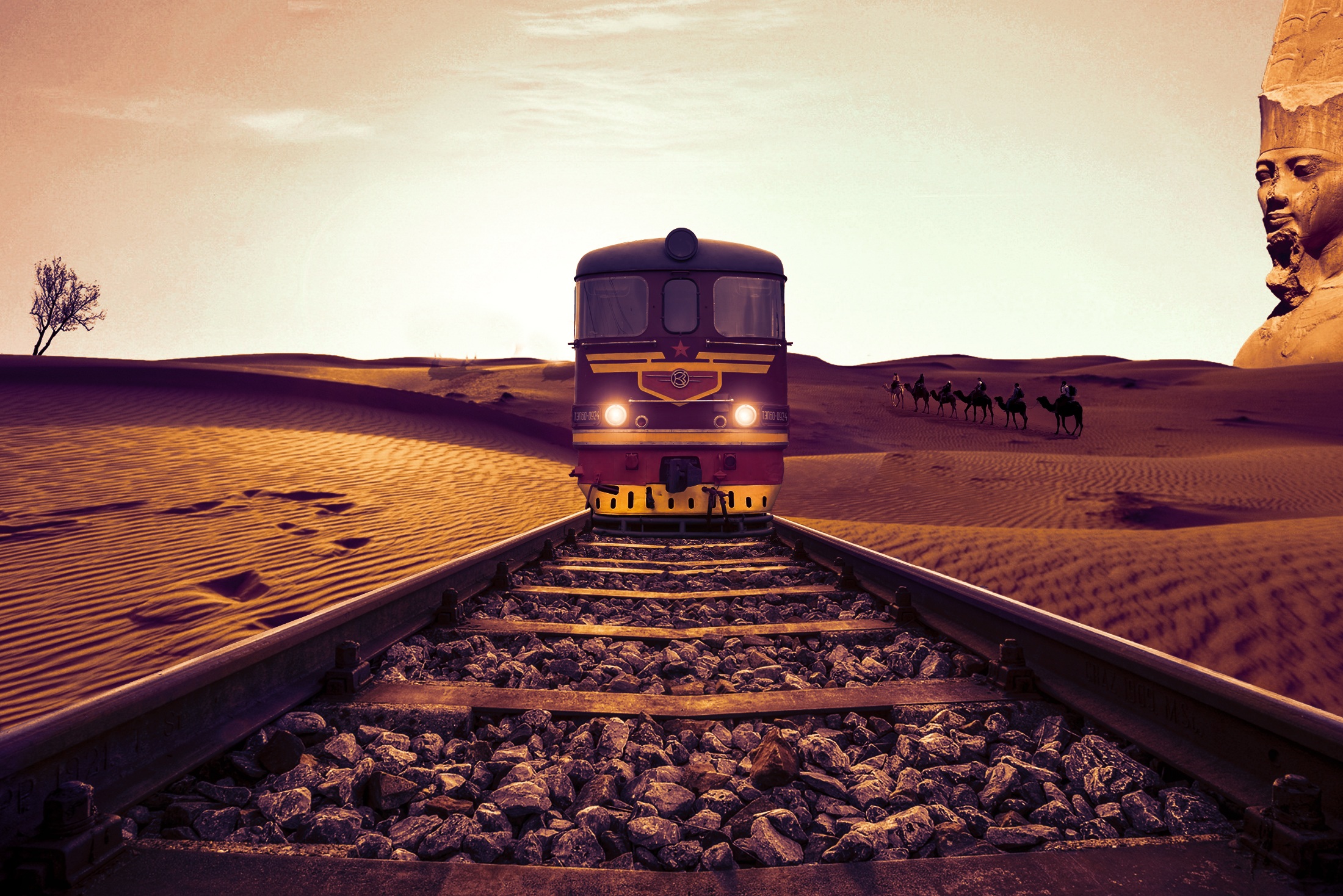 812024 завантажити картинку фотографія, маніпуляція, верблюд, пустеля, локомотив, залізниця, поїзд - шпалери і заставки безкоштовно