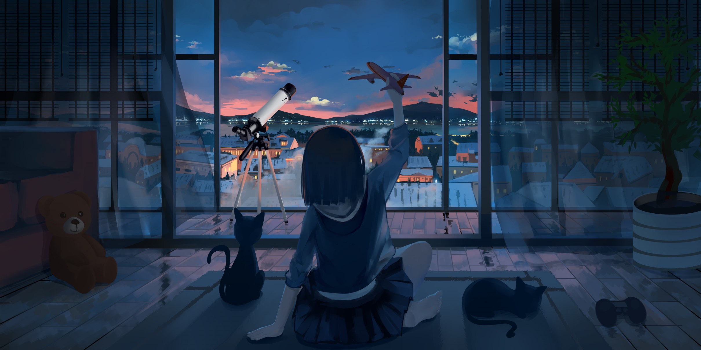 Free download wallpaper Anime, Cat, Airplane, Original on your PC desktop