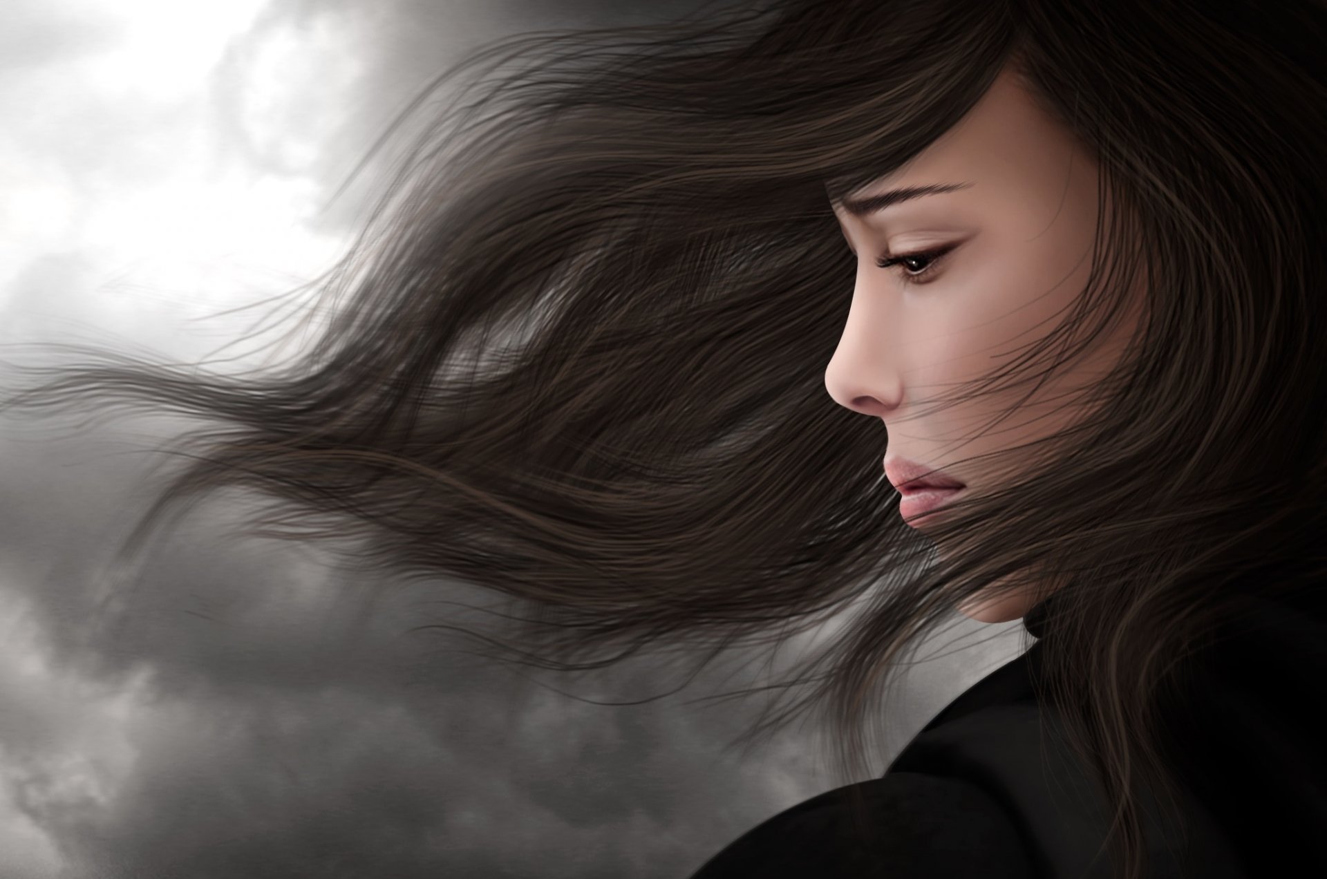 Laden Sie das Traurig, Profil, Frauen, Künstlerisch, Schwarzes Haar-Bild kostenlos auf Ihren PC-Desktop herunter
