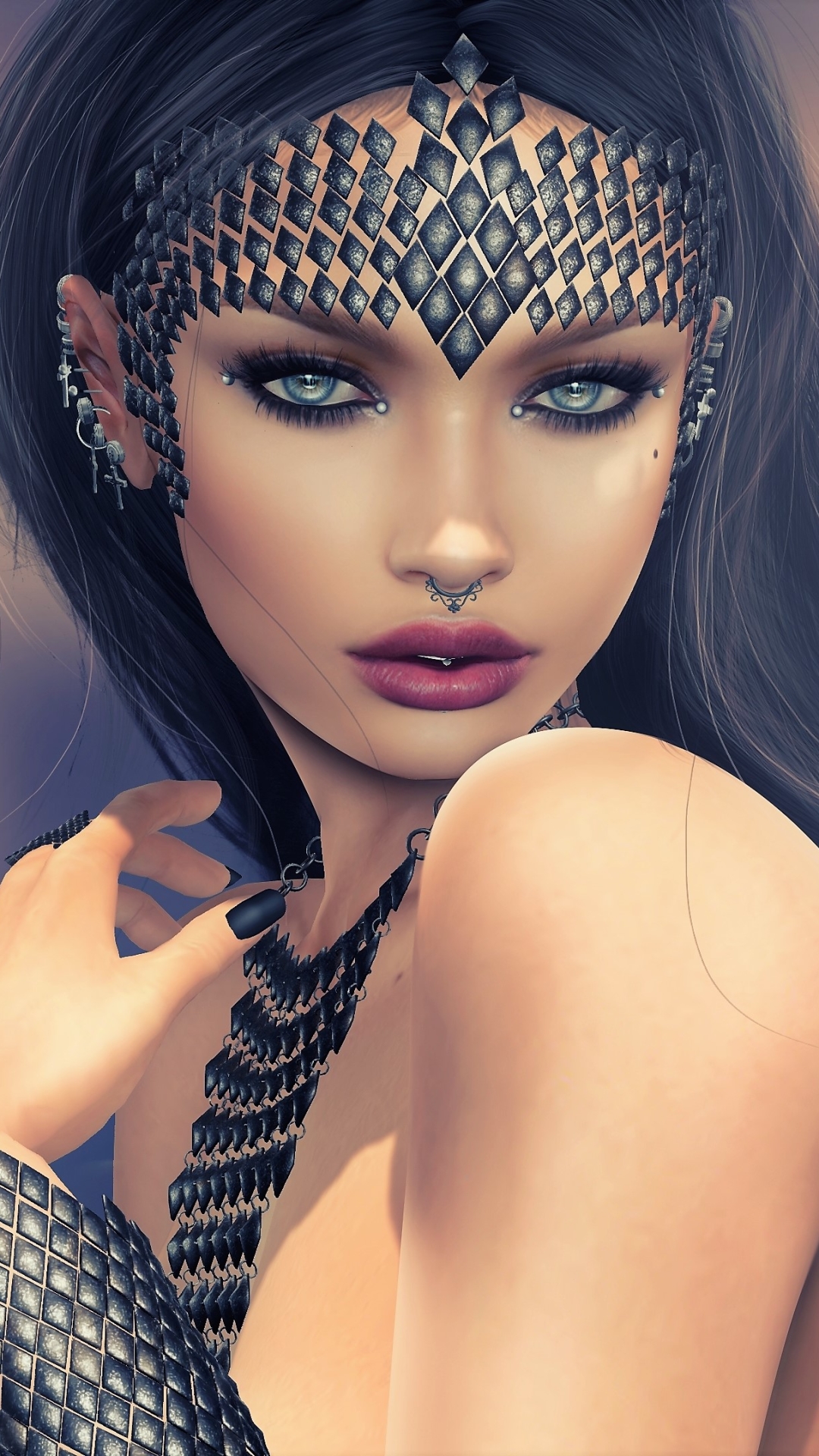 Download mobile wallpaper Fantasy, Jewelry, Women, Piercing, Blue Eyes, Black Hair for free.