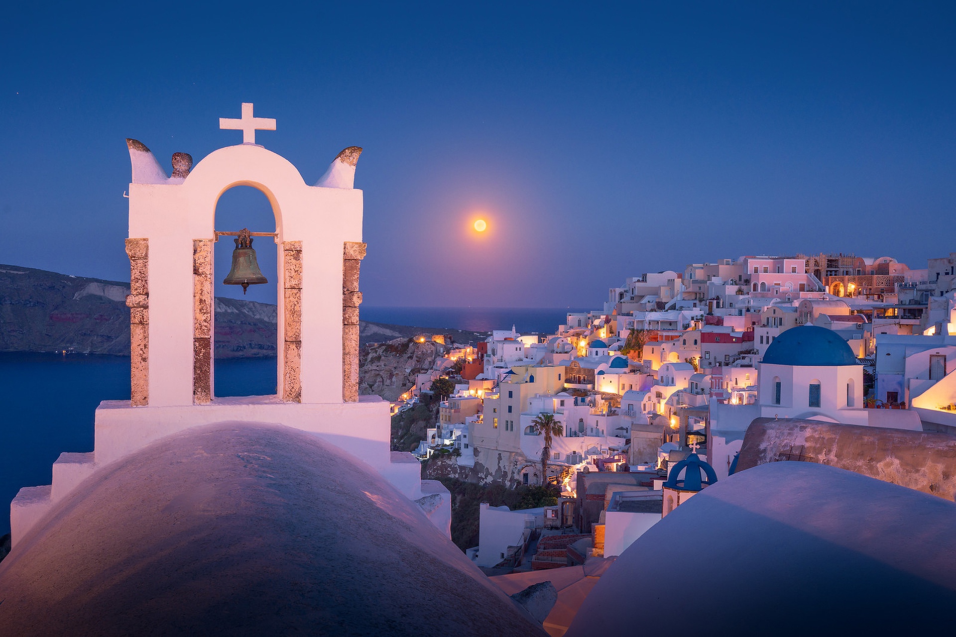 Download mobile wallpaper Sea, Church, Greece, Santorini, Churches, Religious for free.