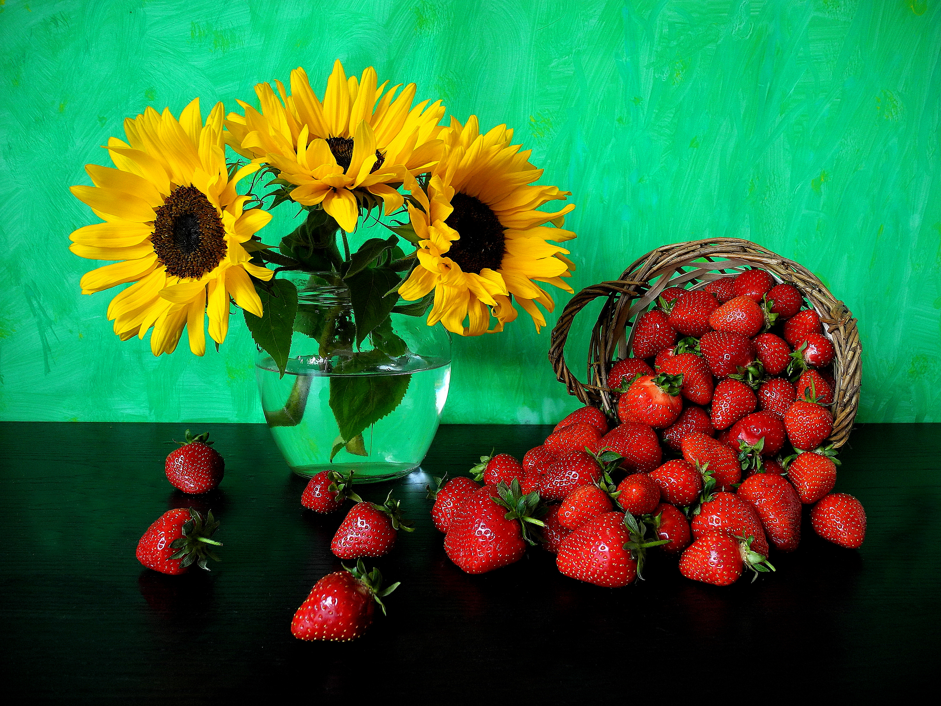 Download mobile wallpaper Strawberry, Still Life, Berry, Fruit, Vase, Sunflower, Photography, Yellow Flower for free.