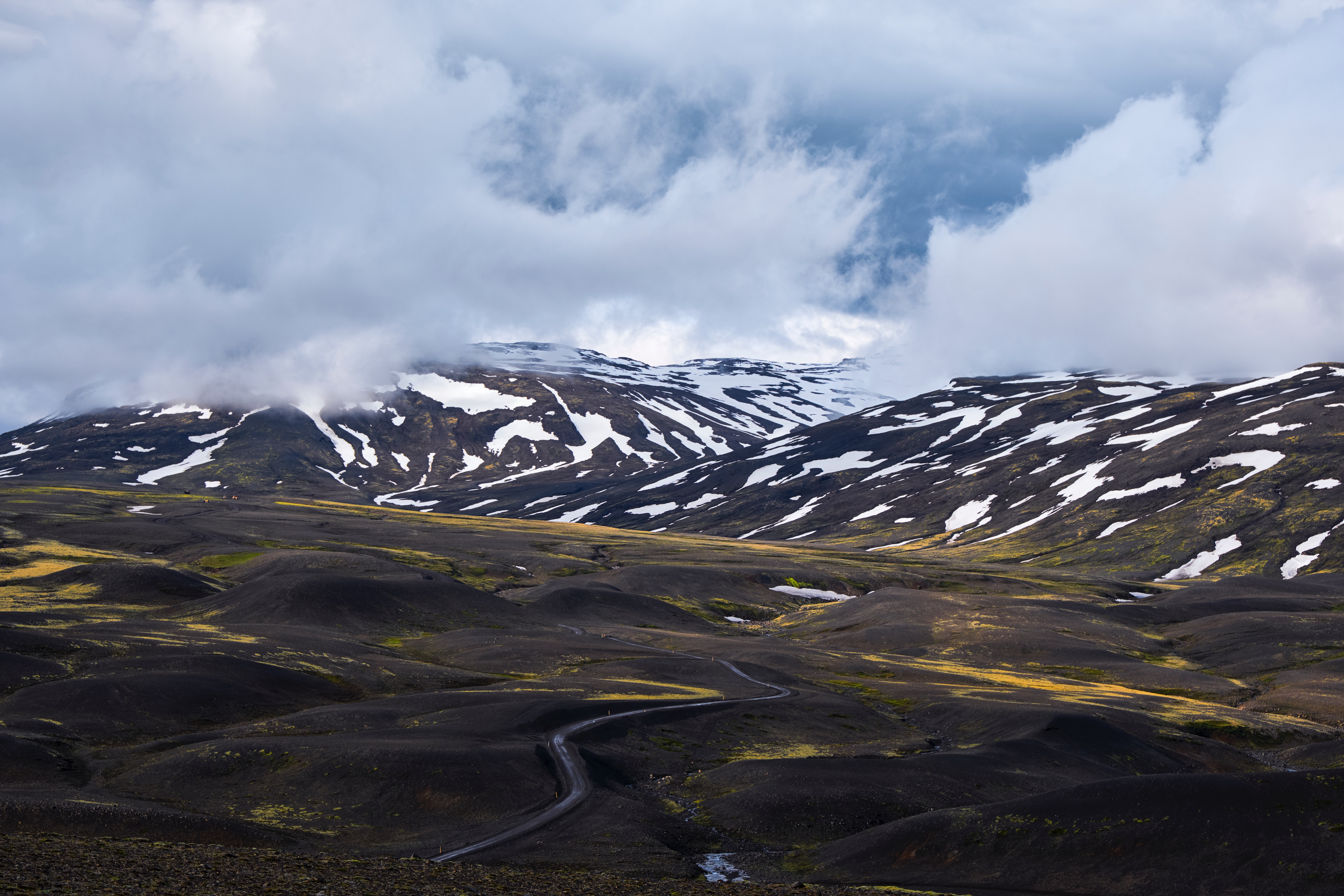 iceland, nature, mountains, clouds, snow, road, fog download HD wallpaper