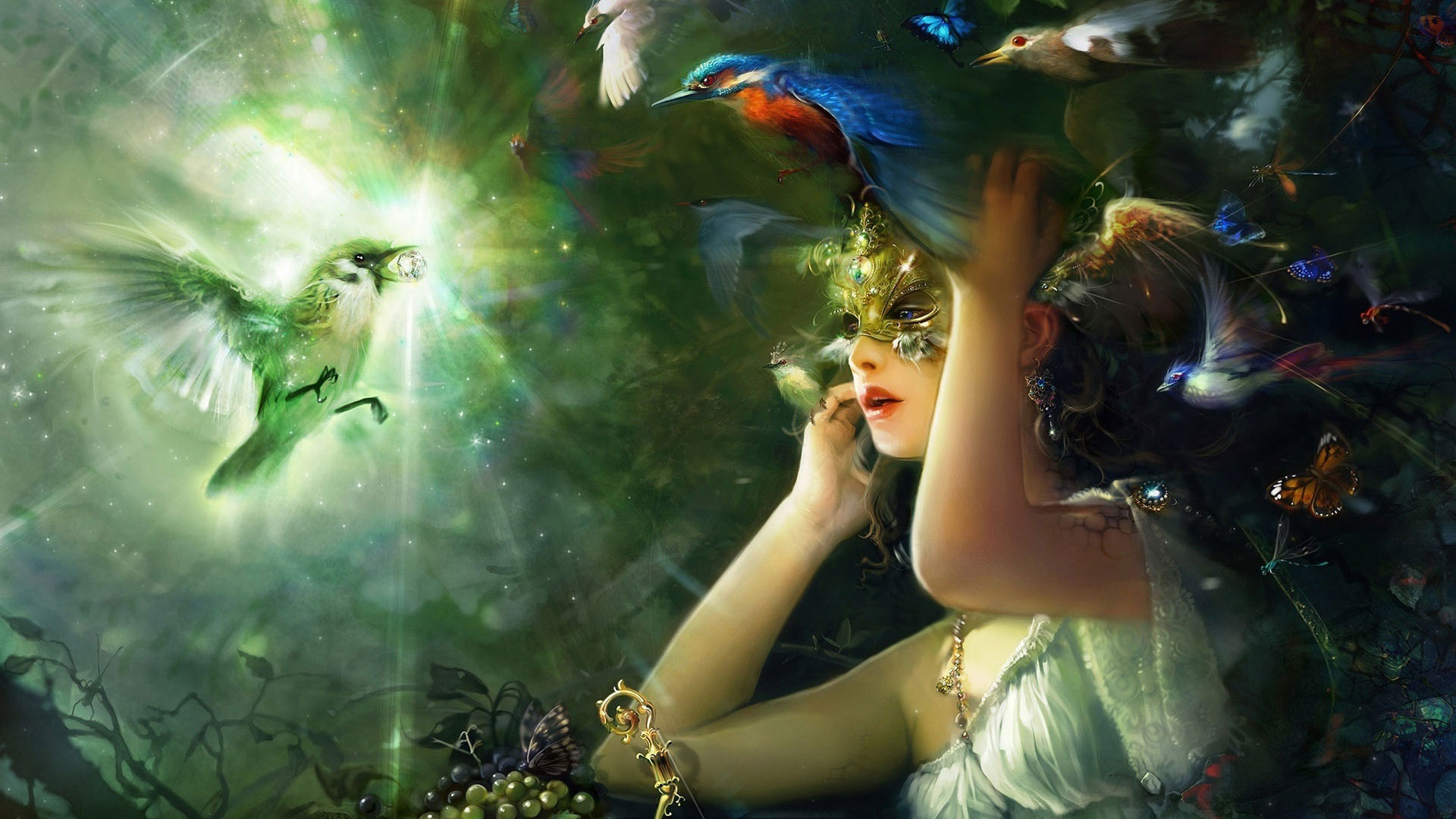 Download mobile wallpaper Fantasy, Grapes, Bird, Butterfly, Mask, Kingfisher, Women for free.