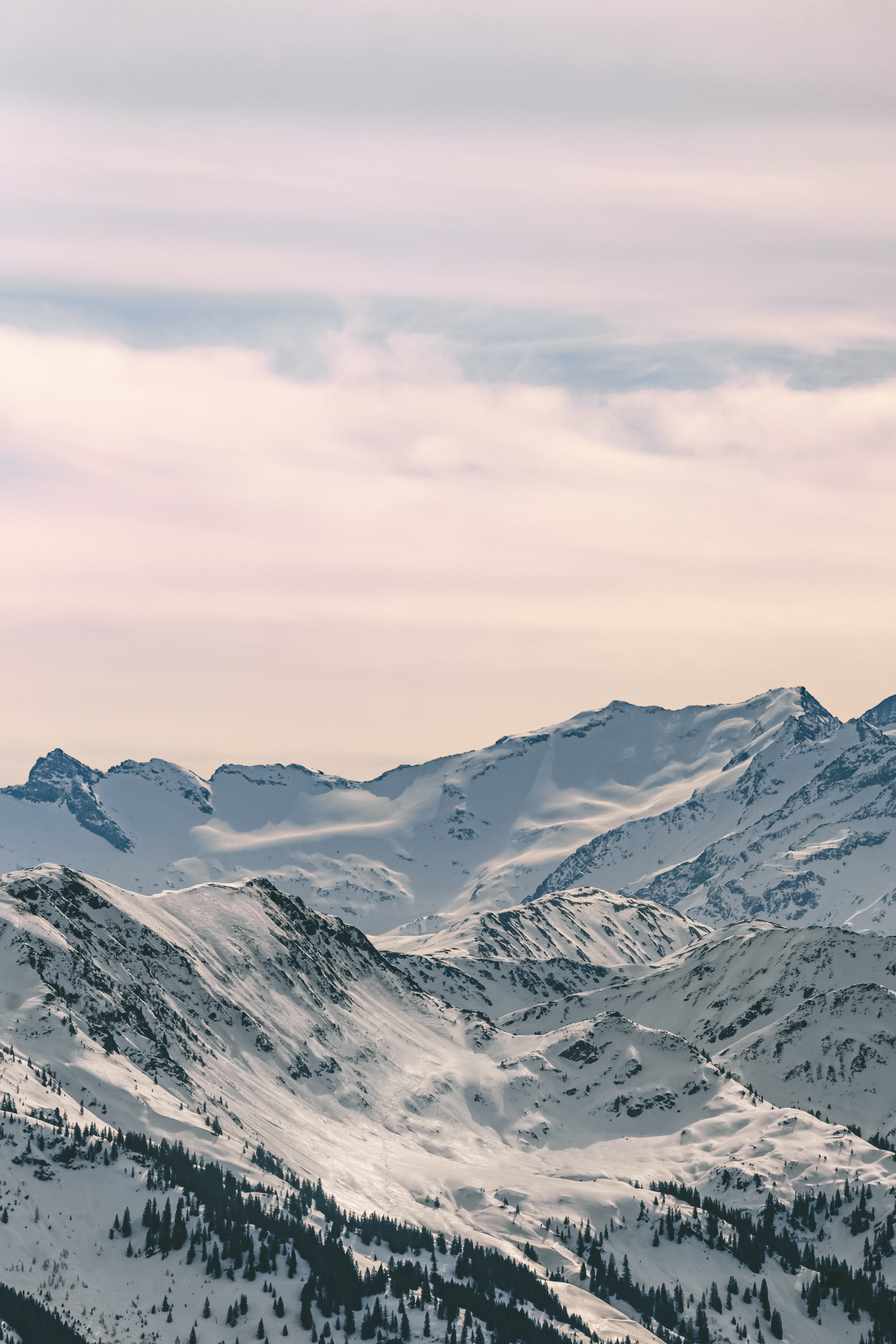 Free download wallpaper Mountains, Snow, Tops, Nature, Vertex, Forest on your PC desktop