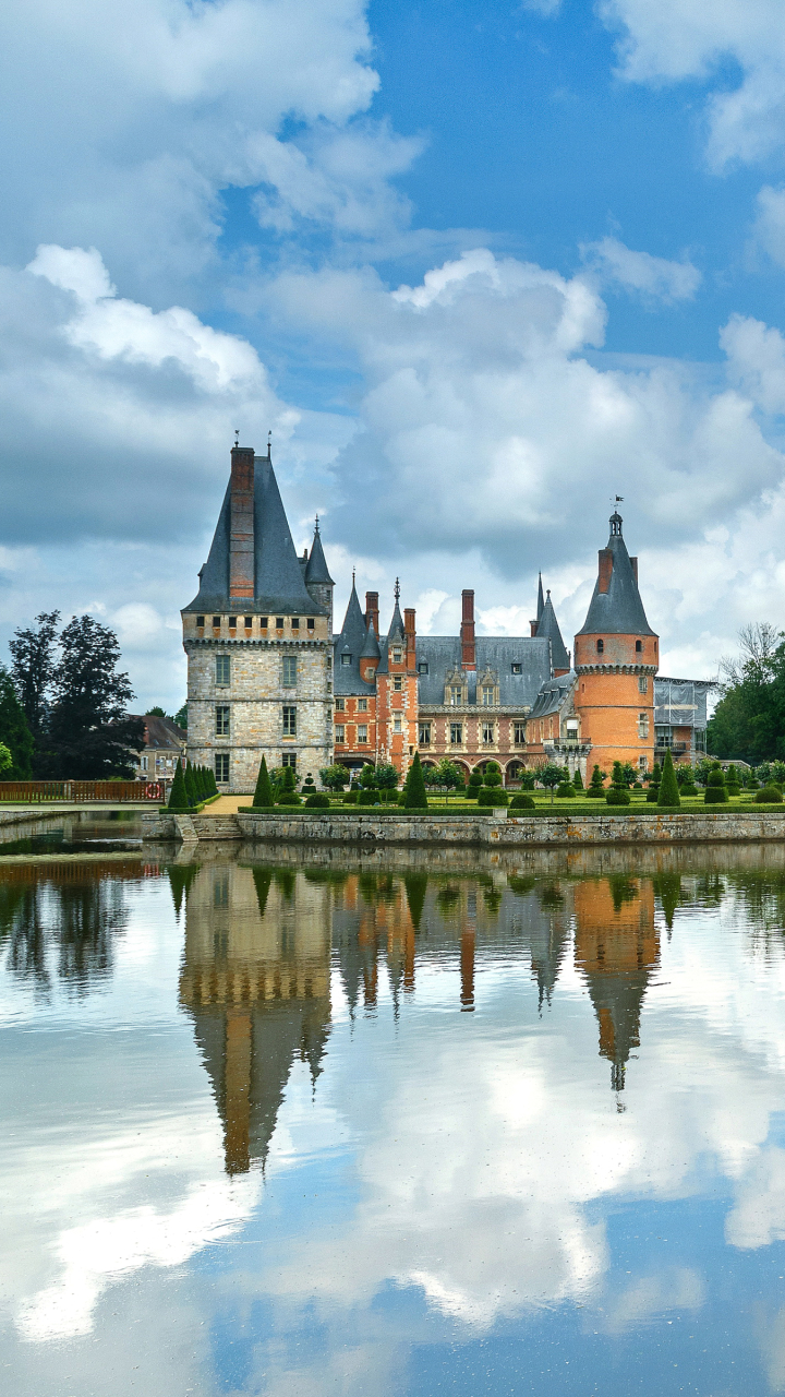 Handy-Wallpaper Schlösser, Gebäude, Frankreich, Menschengemacht, Schloss, Spiegelung, Betrachtung kostenlos herunterladen.