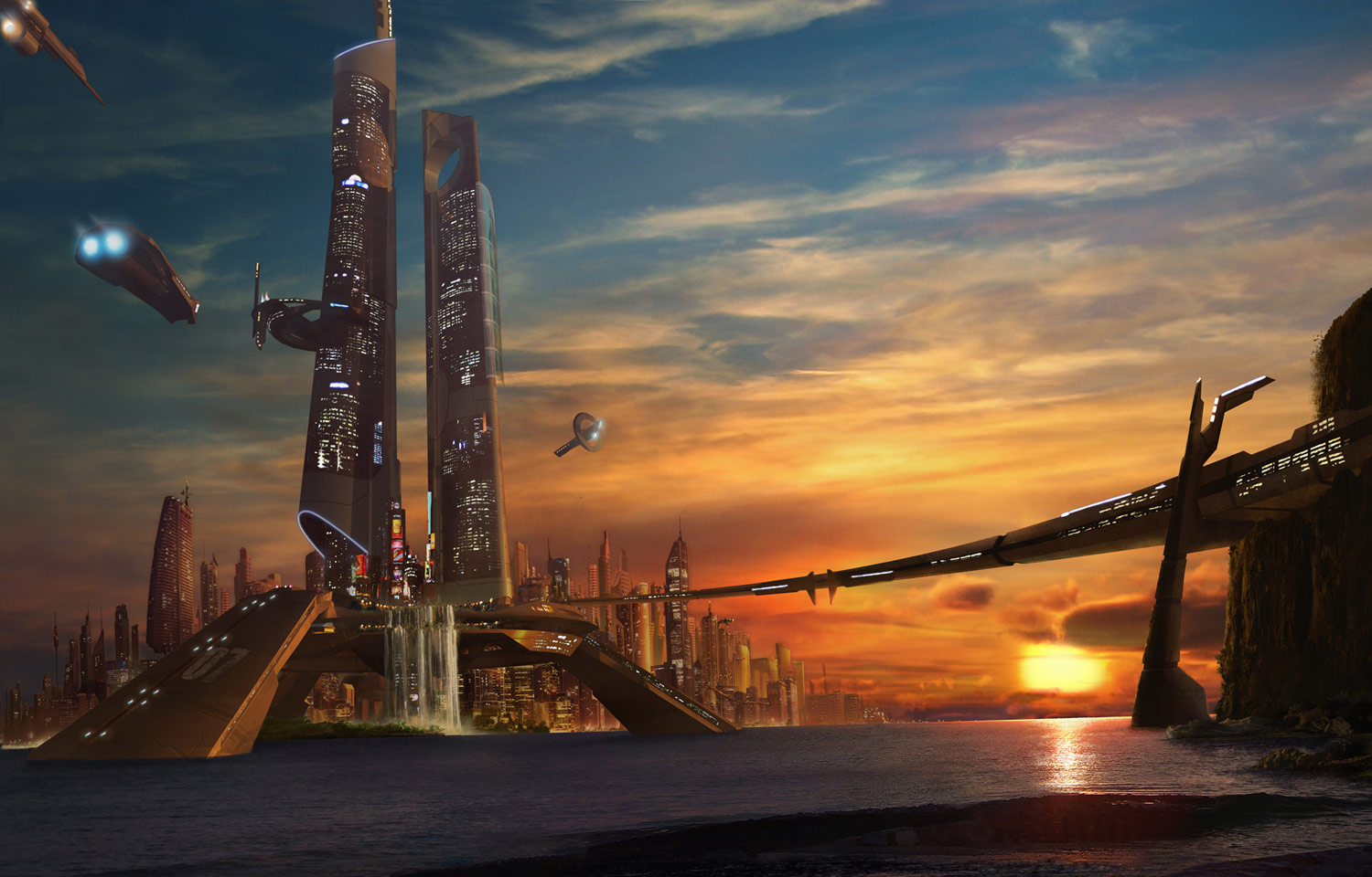 224603 скачать обои космический корабль, научная фантастика, город, космодром, средство передвижения - заставки и картинки бесплатно