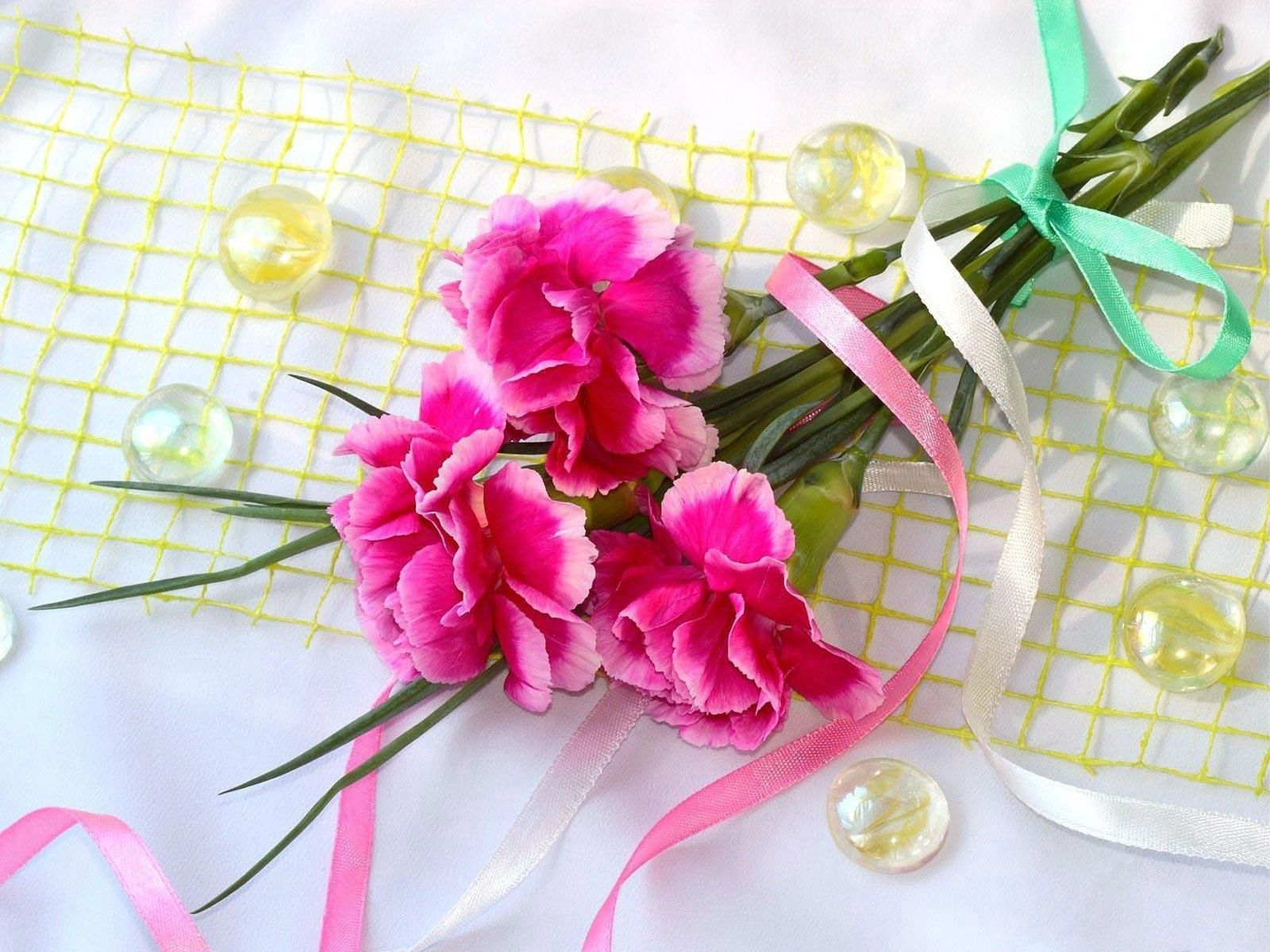 carnations, to lie down, flowers, lie, bow, balls, three, ribbons, ribbon HD wallpaper