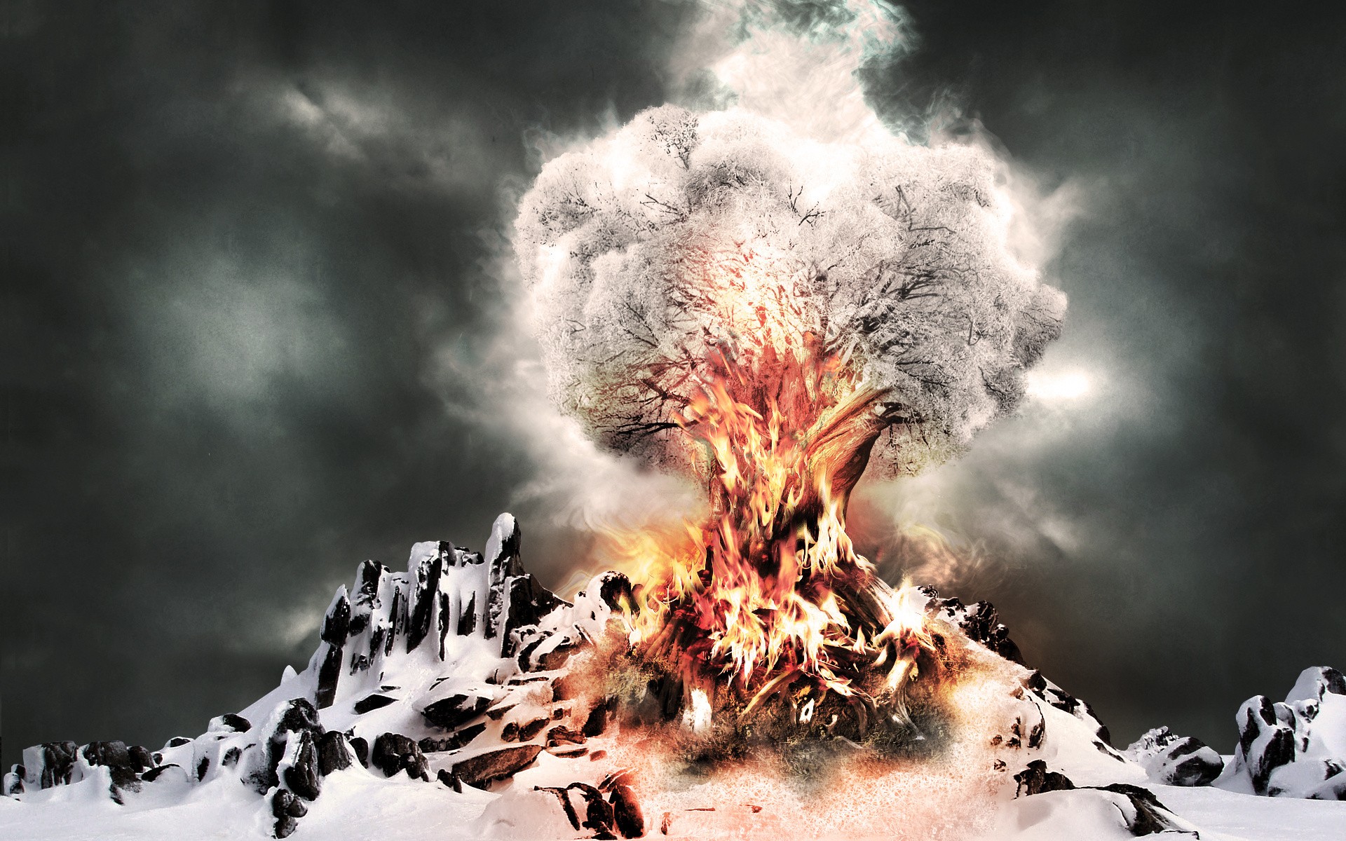 Free download wallpaper Winter, Fire, Snow, Dark, Flame, 3D, Artistic, Surreal, Cgi on your PC desktop