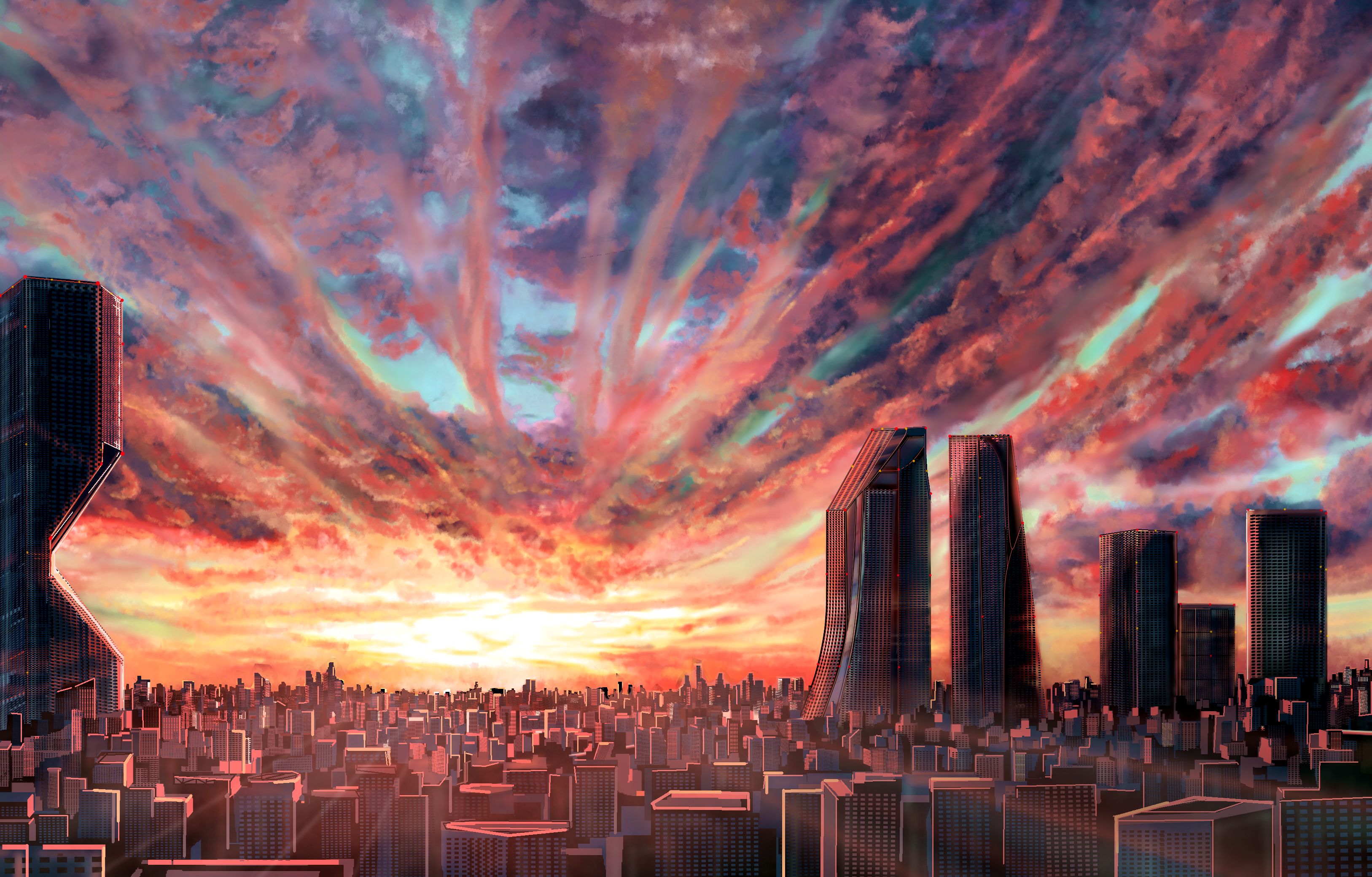 Free download wallpaper Anime, Sunset, Sky, City, Cityscape, Cloud on your PC desktop