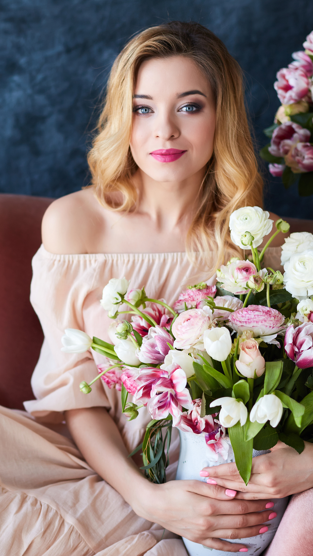 Download mobile wallpaper Flower, Bouquet, Blonde, Dress, Model, Women, Blue Eyes, Lipstick for free.