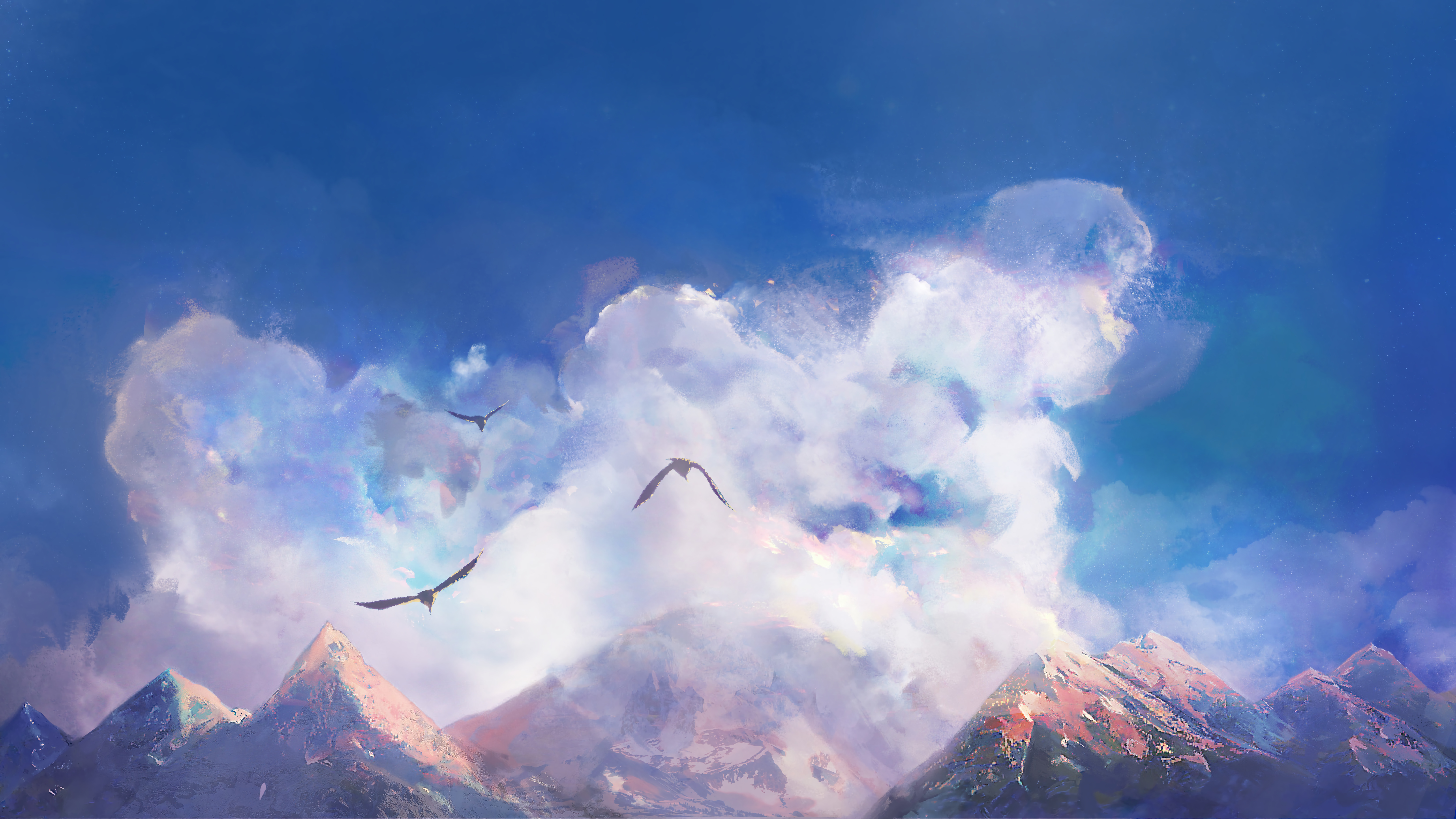 Handy-Wallpaper Vögel, Clouds, Mountains, Kunst kostenlos herunterladen.