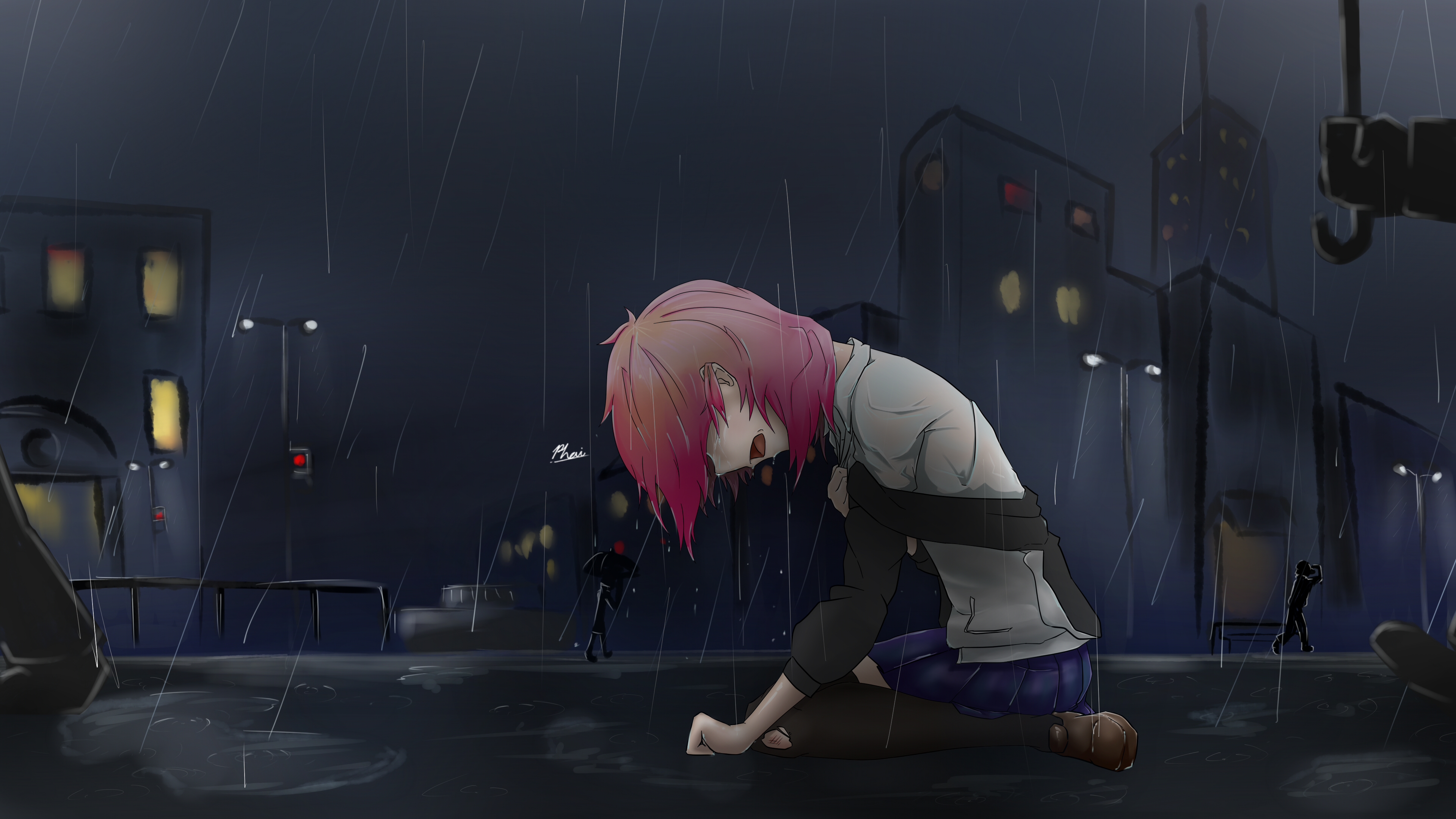 Download mobile wallpaper Anime, Rain, City, Umbrella, Original, Pink Hair for free.