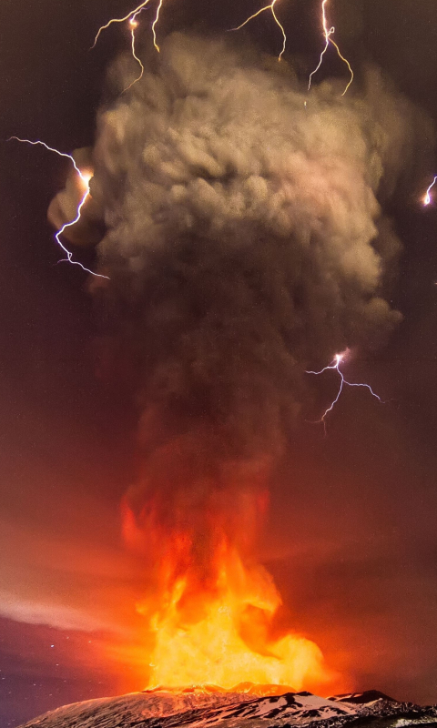 Download mobile wallpaper Fire, Lightning, Earth, Cloud, Volcano, Volcanoes for free.