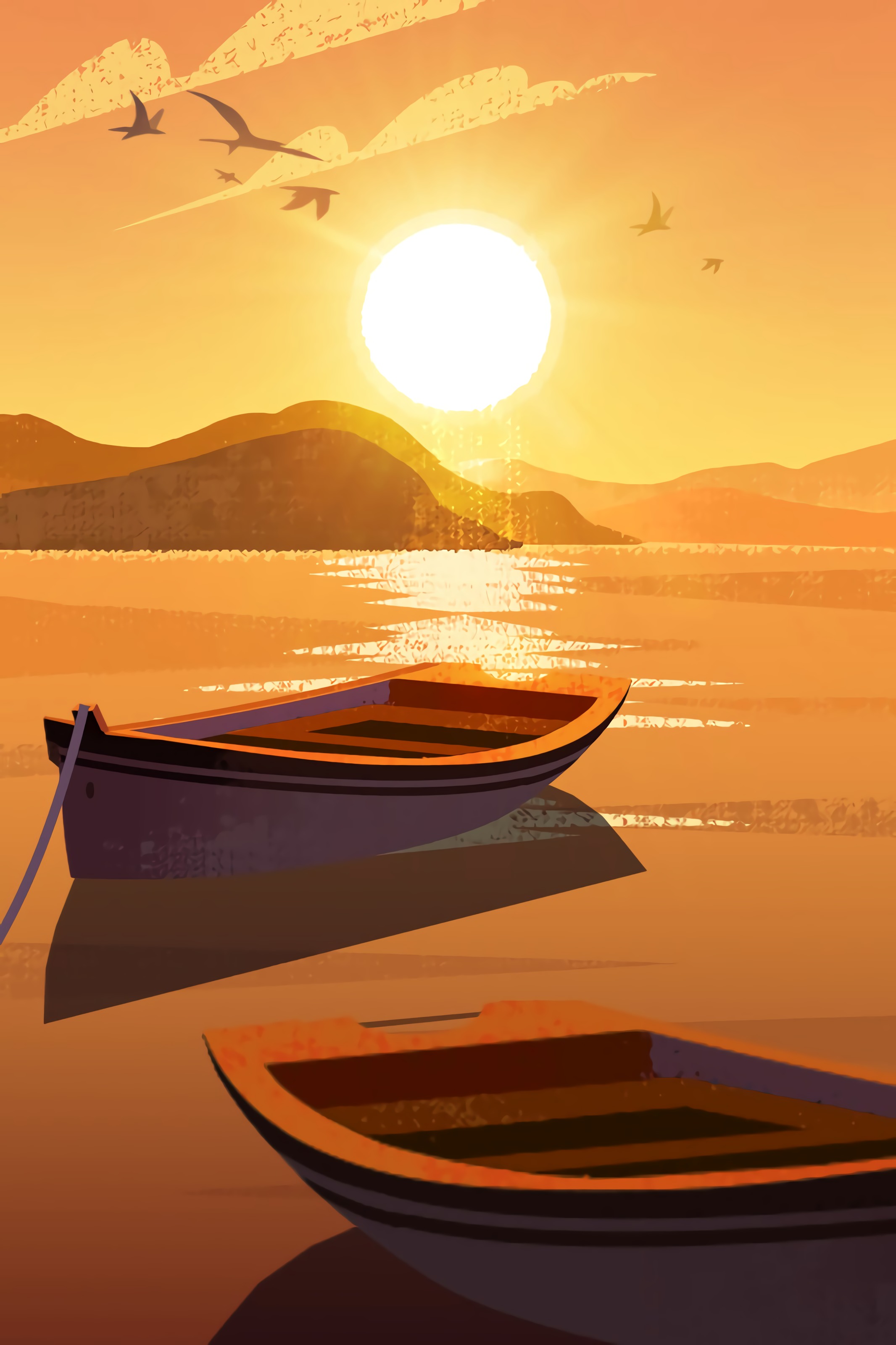 Free download wallpaper Sun, Boat, Mountains, Art on your PC desktop